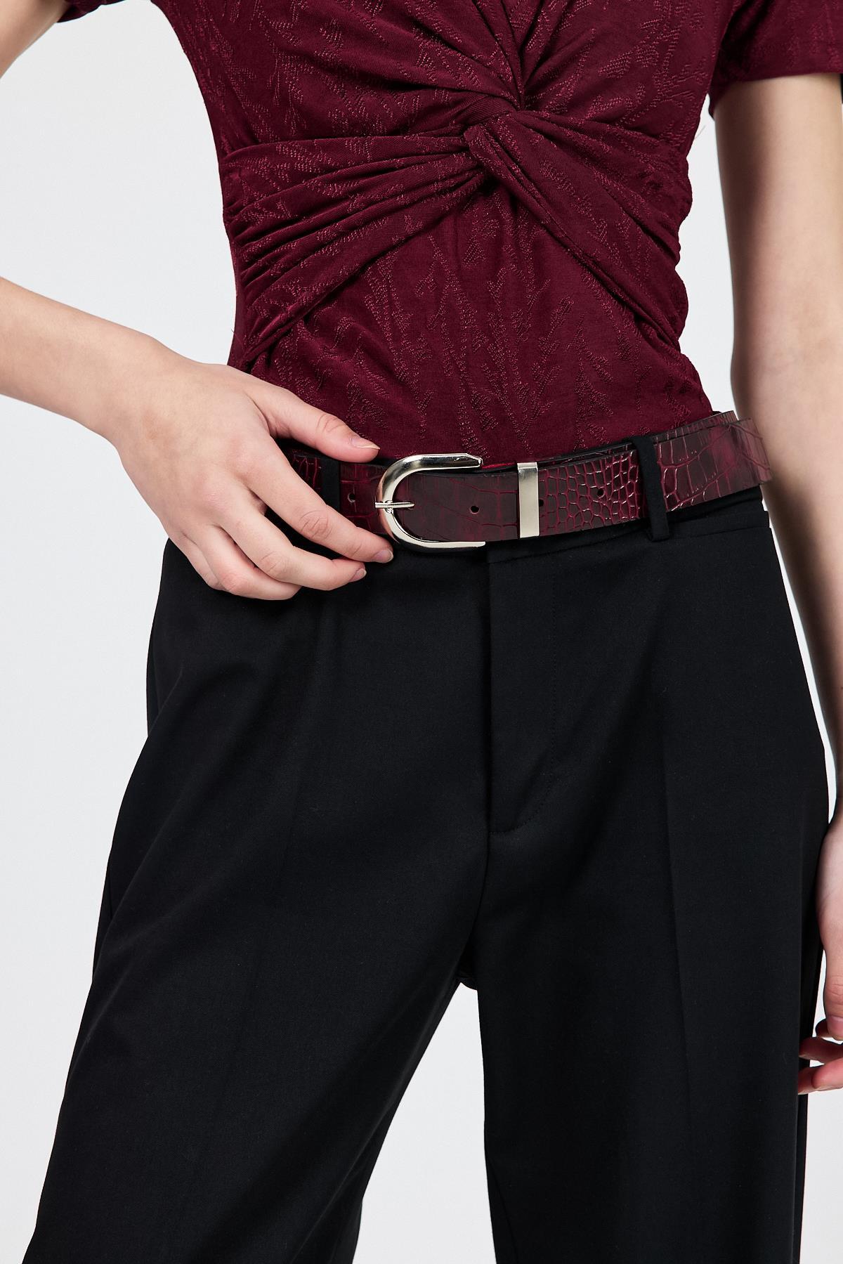 Bordo Gümüş Toka Detaylı Kroko Desen Kemer 414 - 3