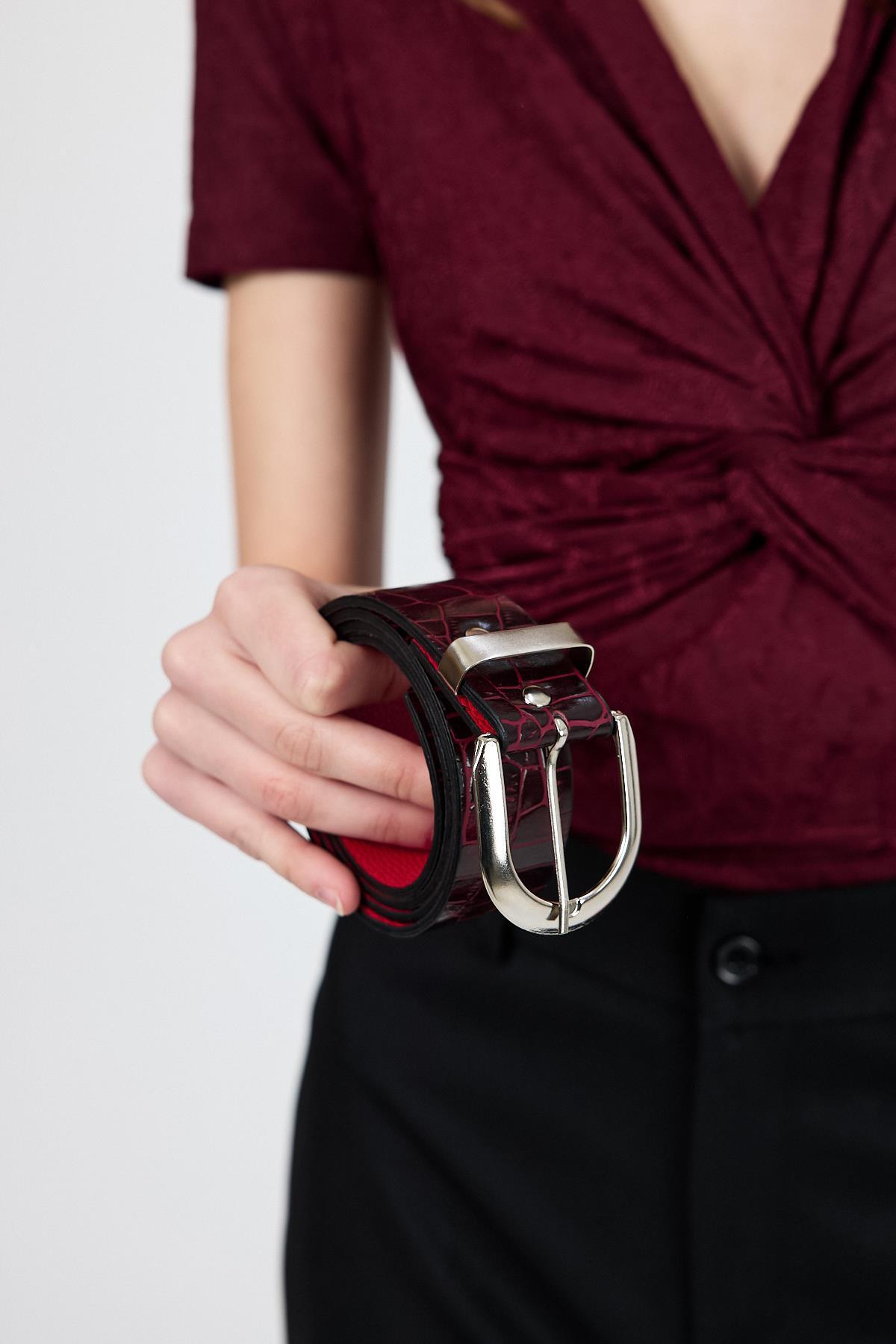 Bordo Gümüş Toka Detaylı Kroko Desen Kemer 414 - 4