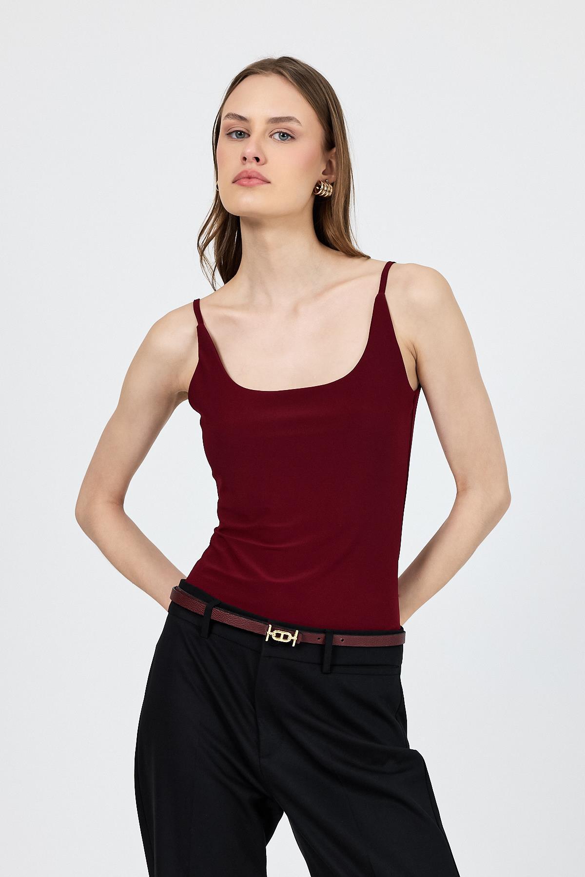 Bordo İnce Askılı Çıtçıtlı Bodysuit 13255 
