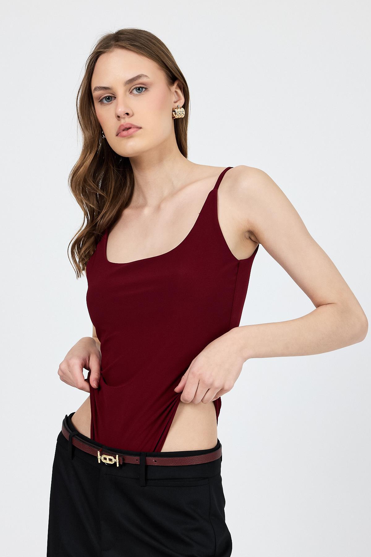 Bordo İnce Askılı Çıtçıtlı Bodysuit 13255 - RAYS