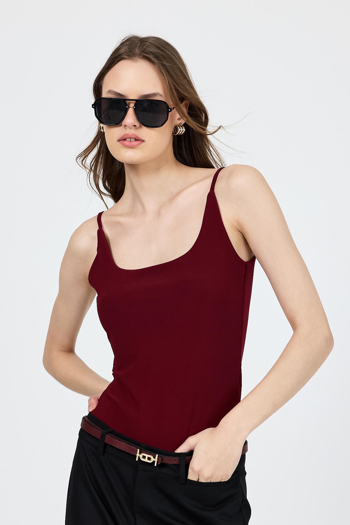 Bordo İnce Askılı Çıtçıtlı Bodysuit 13255 - RAYS