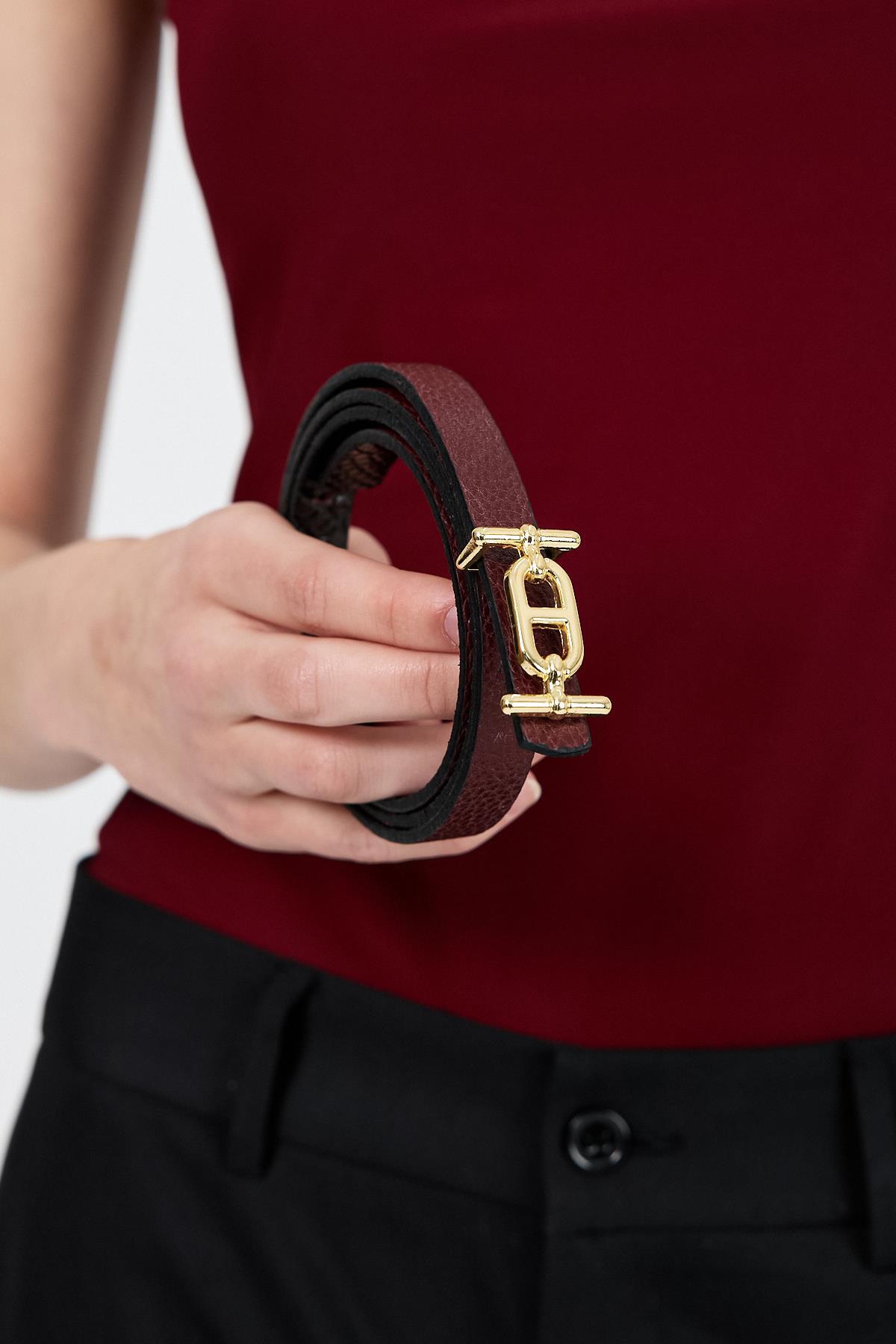 Bordo İnce Gold Toka Detaylı Kemer 410 - RAYS