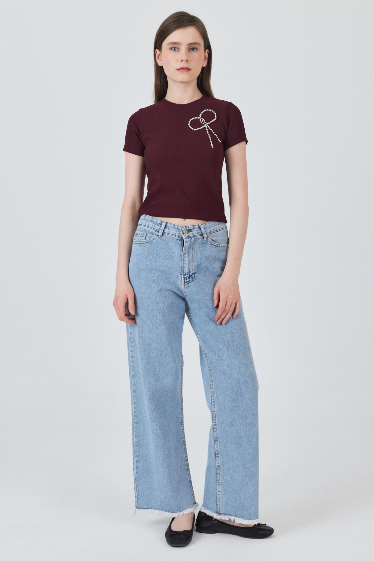 Bordo İnci Kurdele İşlemeli Crop Slim Fit Tişört 2229 - 3