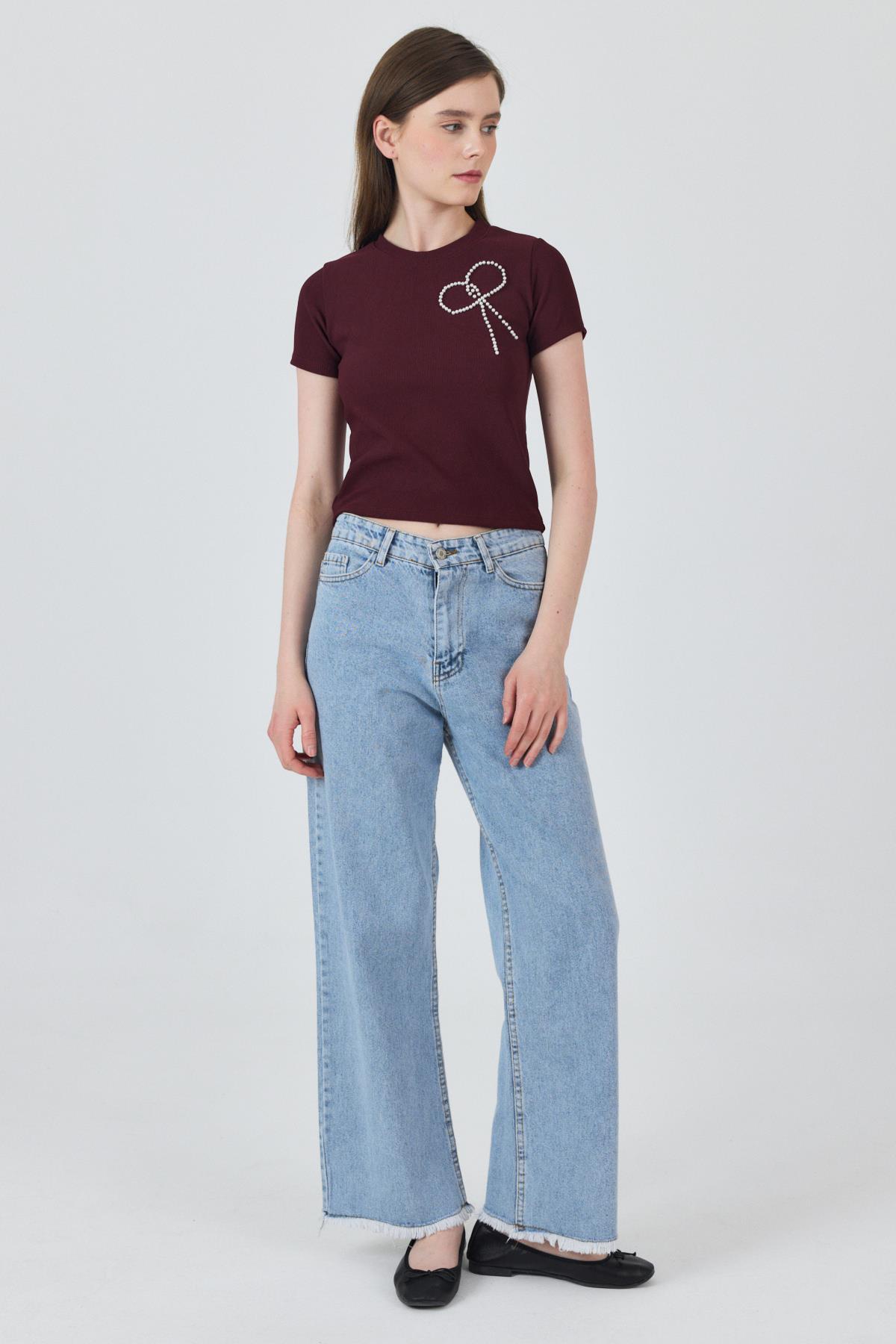 Bordo İnci Kurdele İşlemeli Crop Slim Fit Tişört 2229 - 6