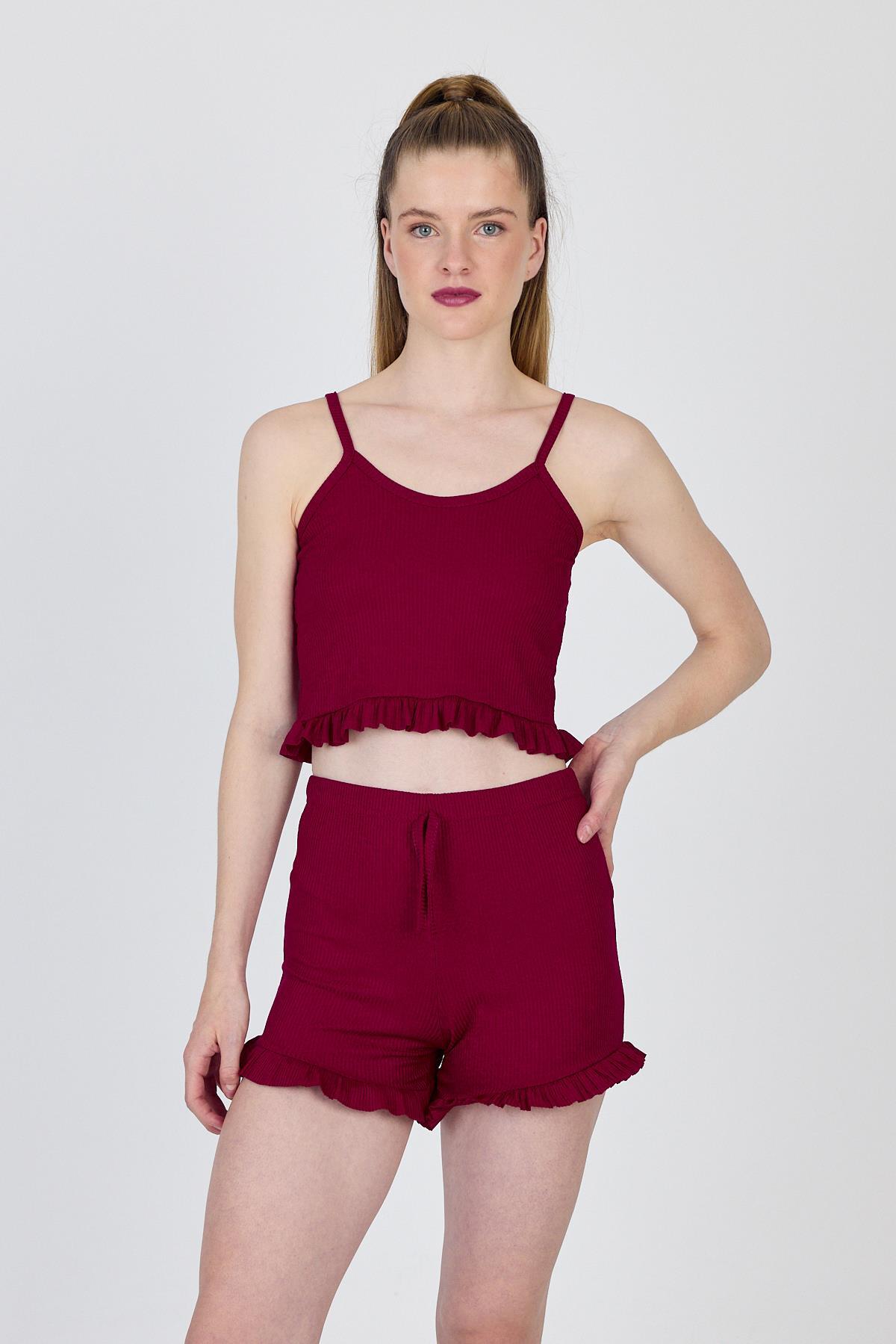 Bordo İp Askılı Fırfırlı Şortlu Takım 0703 - RAYS