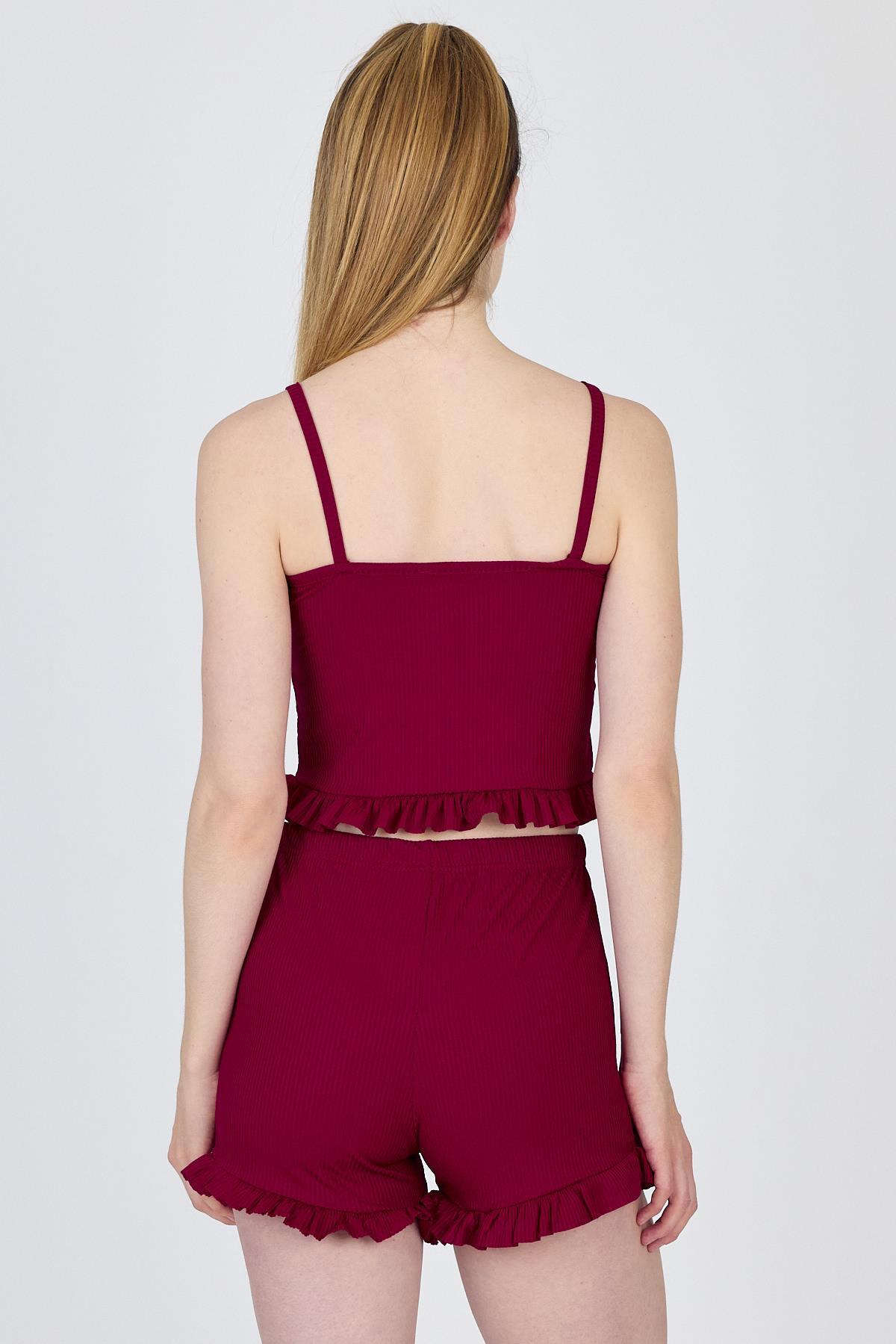 Bordo İp Askılı Fırfırlı Şortlu Takım 0703 - 5