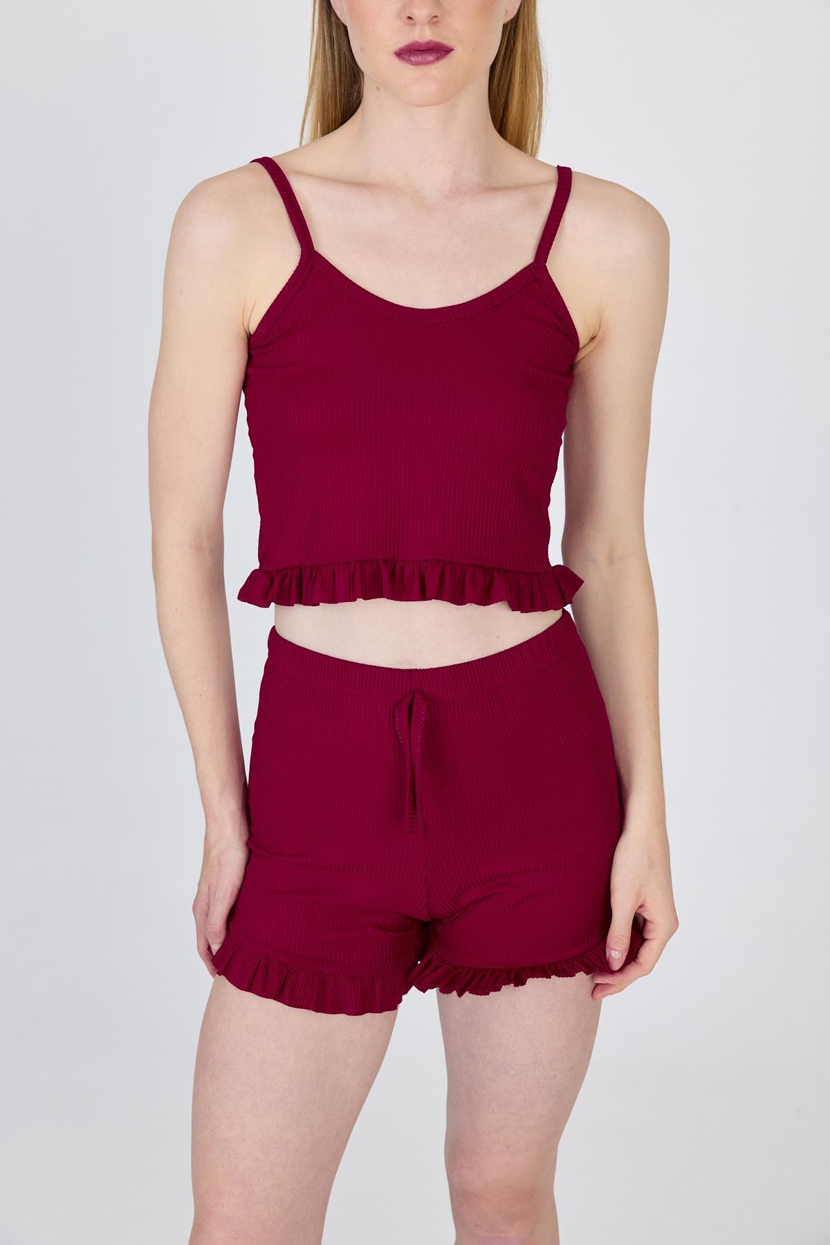 Bordo İp Askılı Fırfırlı Şortlu Takım 0703 - 4