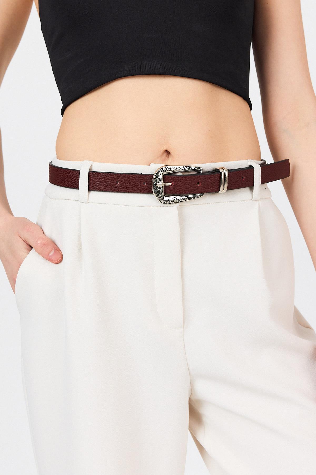 Bordo İşleme Detay Gümüş Tokalı Kemer 419 - RAYS