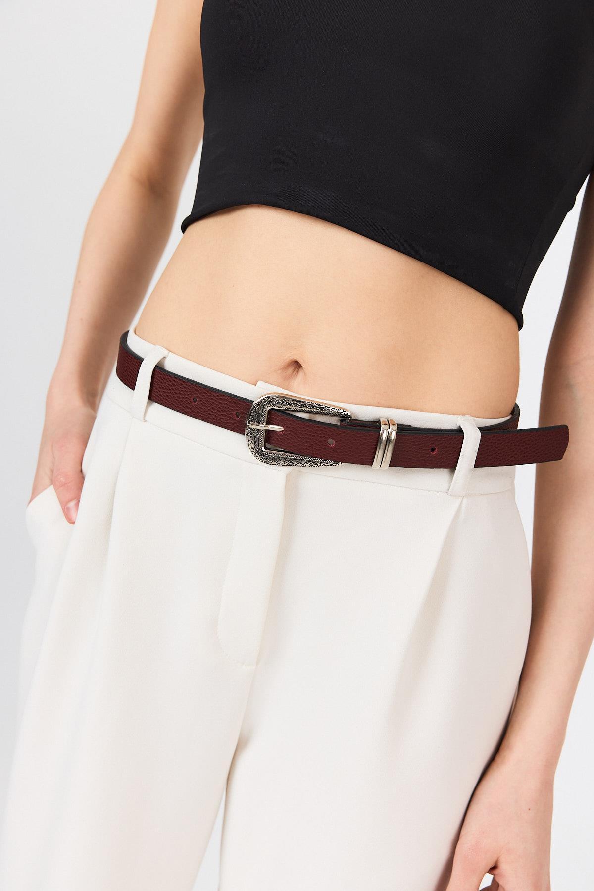 Bordo İşleme Detay Gümüş Tokalı Kemer 419 - RAYS