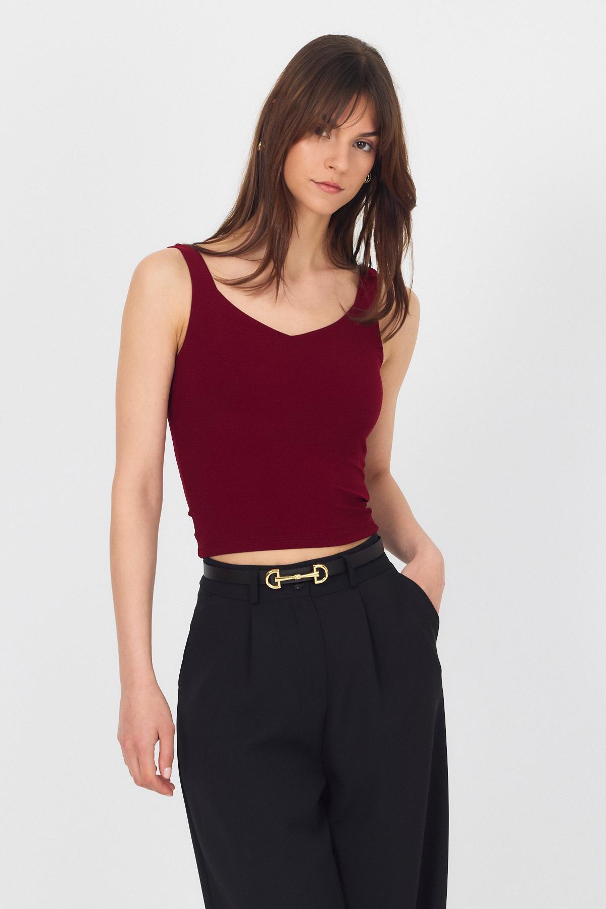 Bordo Kalın Askılı V Yaka Bluz 13293 - 8