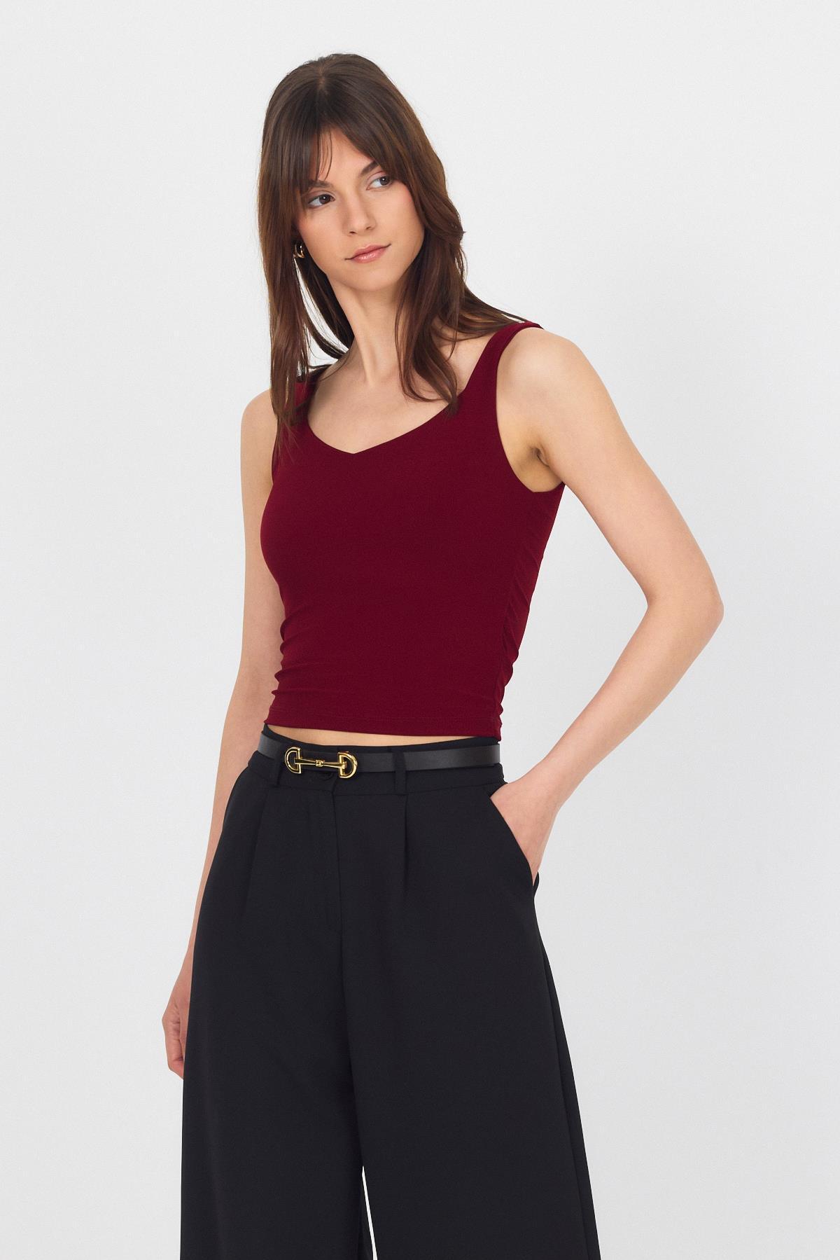 Bordo Kalın Askılı V Yaka Bluz 13293 - 7