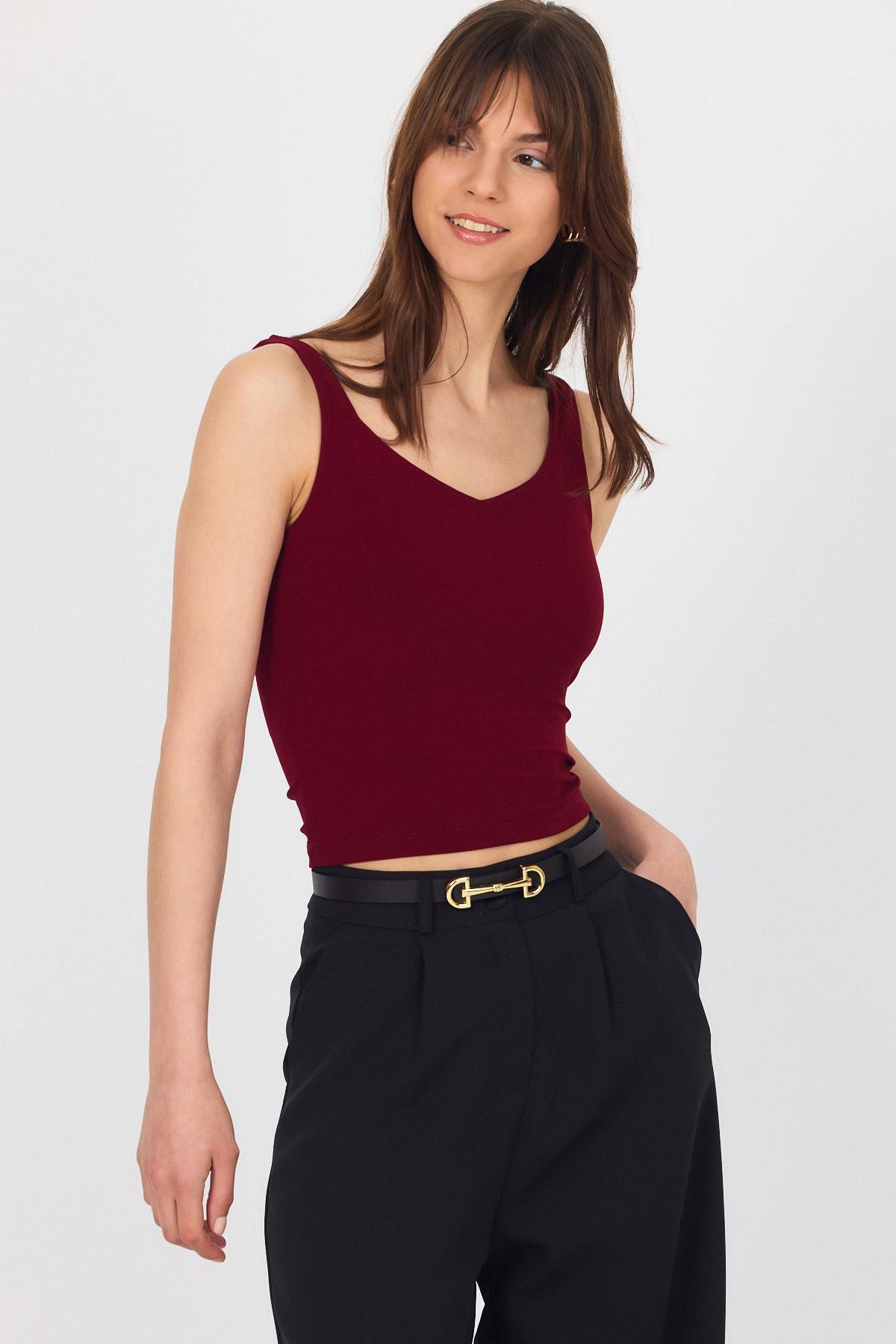 Bordo Kalın Askılı V Yaka Bluz 13293 