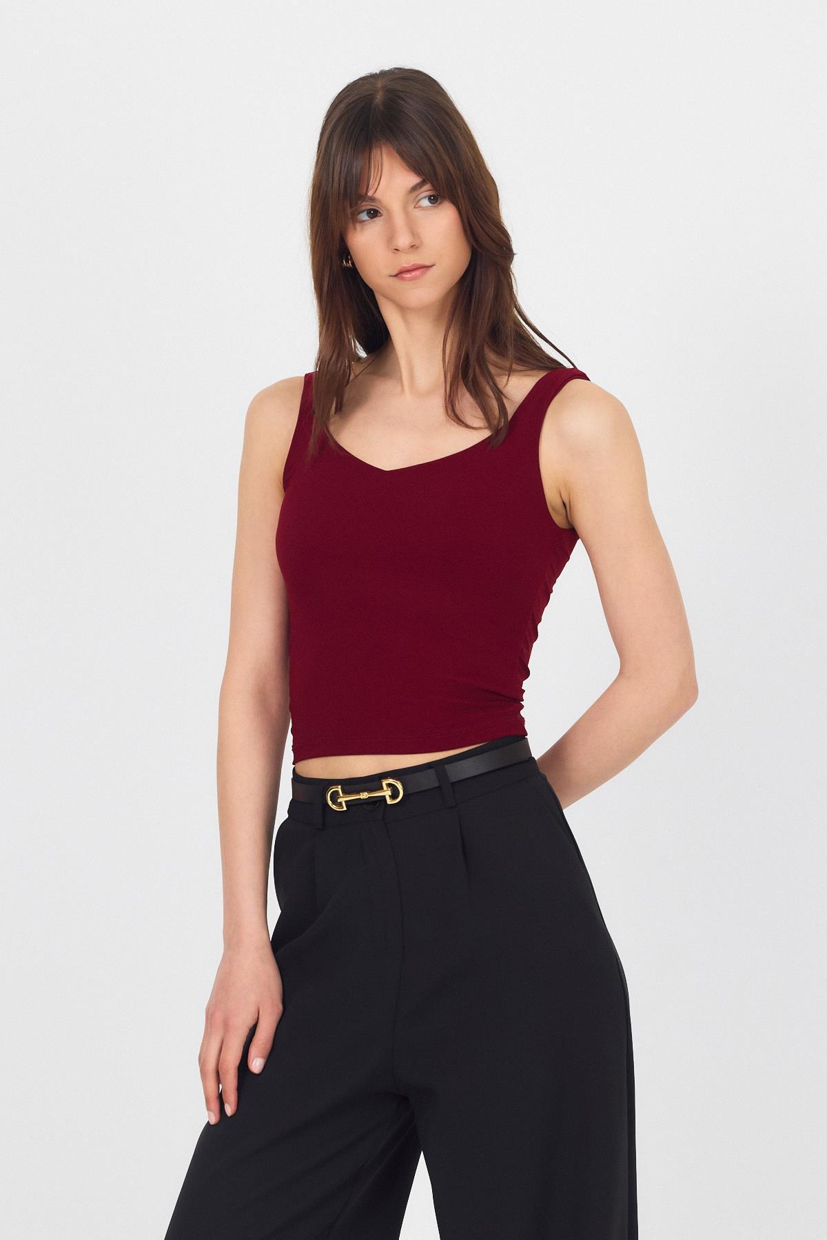 Bordo Kalın Askılı V Yaka Bluz 13293 - 2