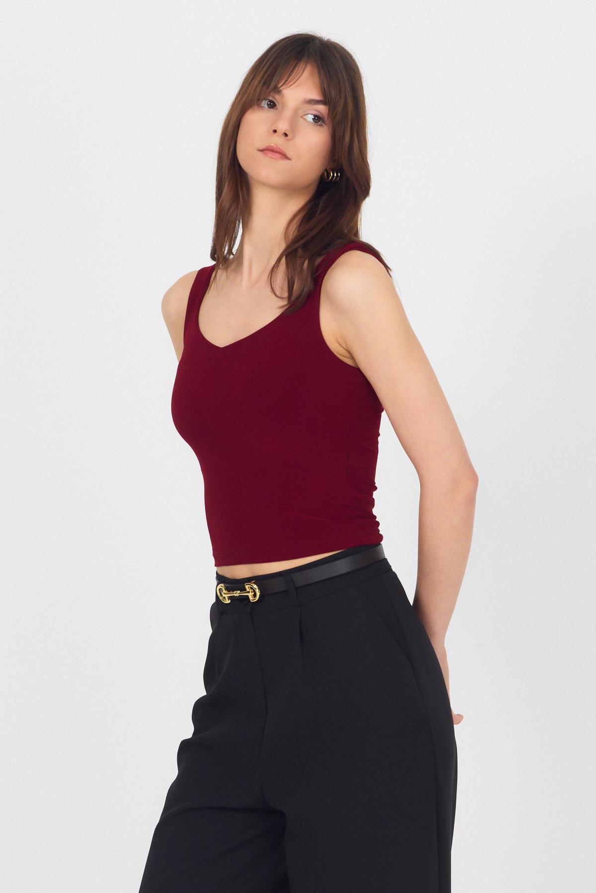 Bordo Kalın Askılı V Yaka Bluz 13293 - 4