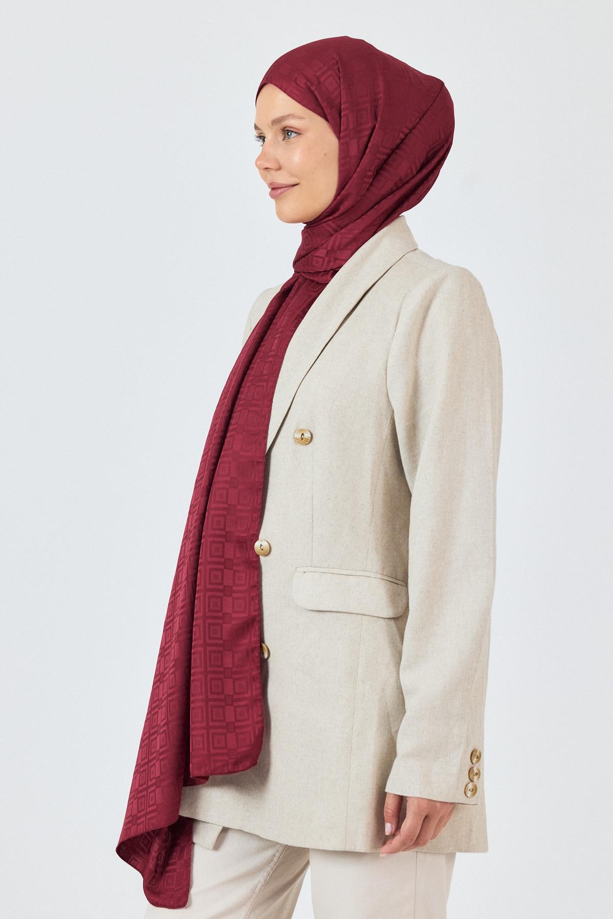 Bordo Kare Desen Jakar Şal 5692 - RAYS