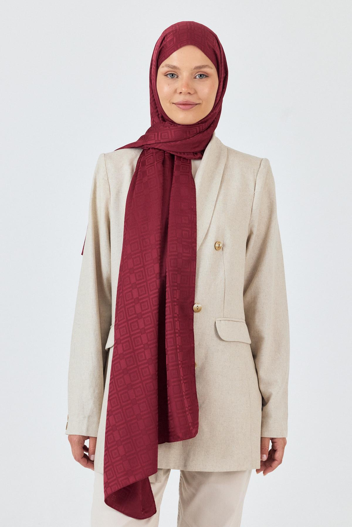 Bordo Kare Desen Jakar Şal 5692 - RAYS