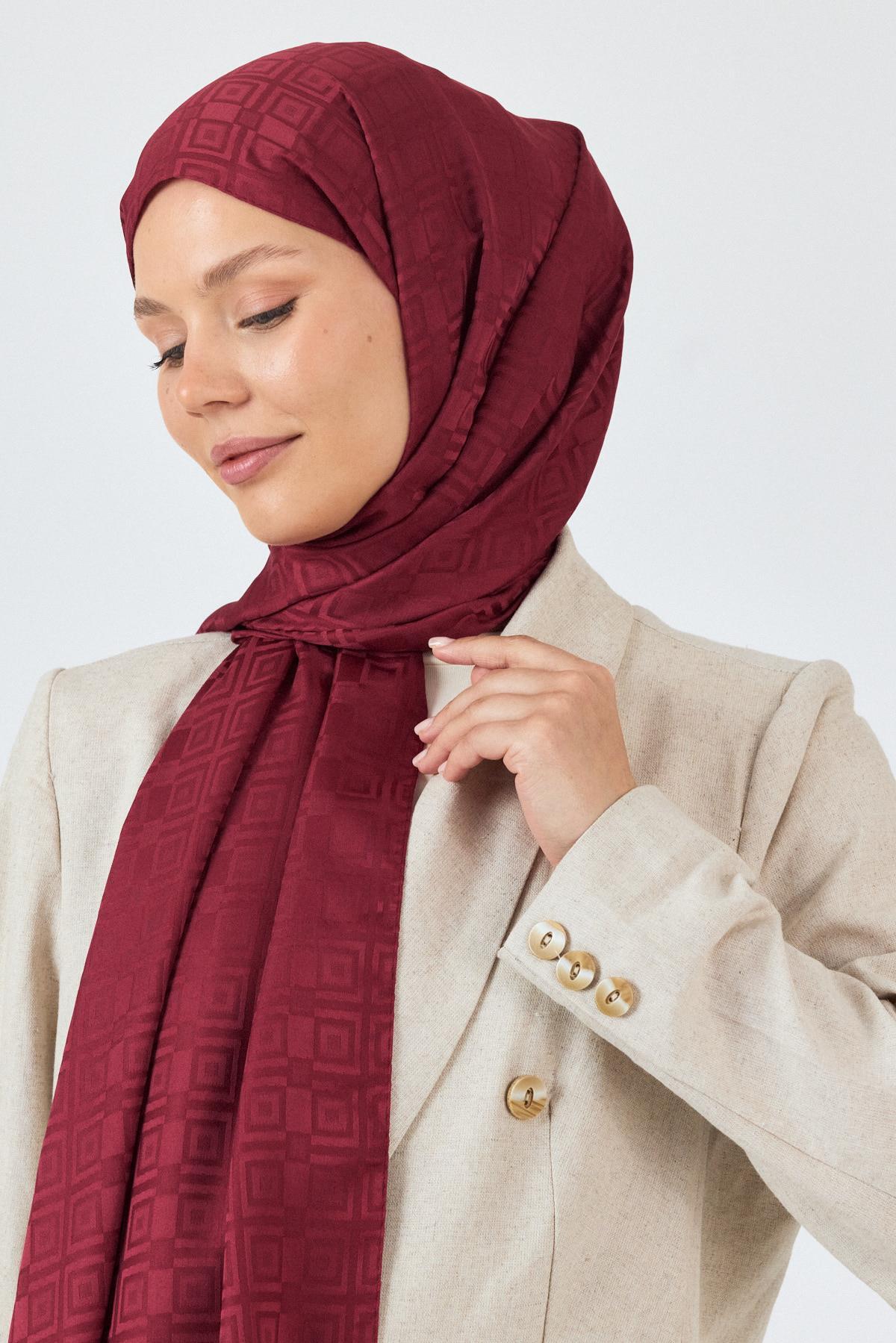 Bordo Kare Desen Jakar Şal 5692 - 2