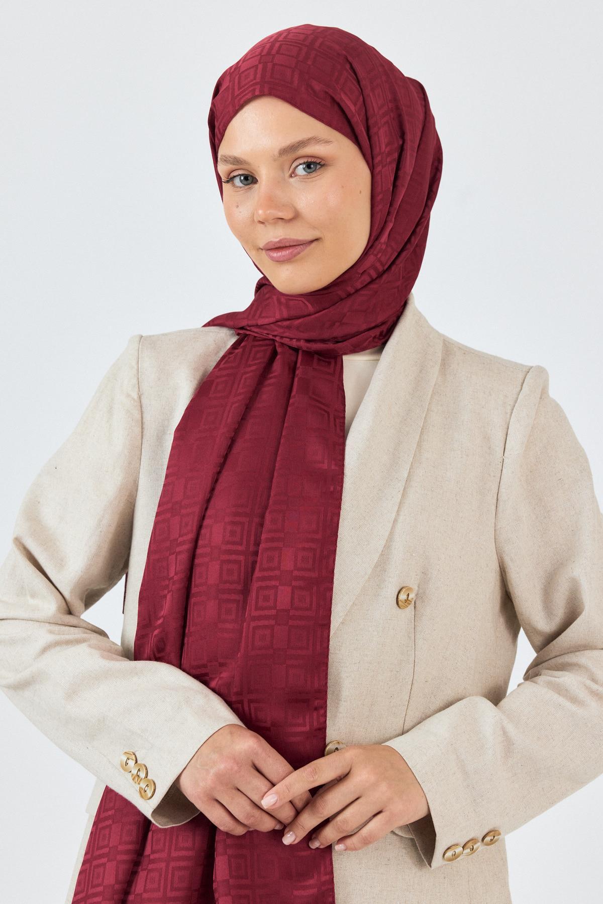 Bordo Kare Desen Jakar Şal 5692 - 6