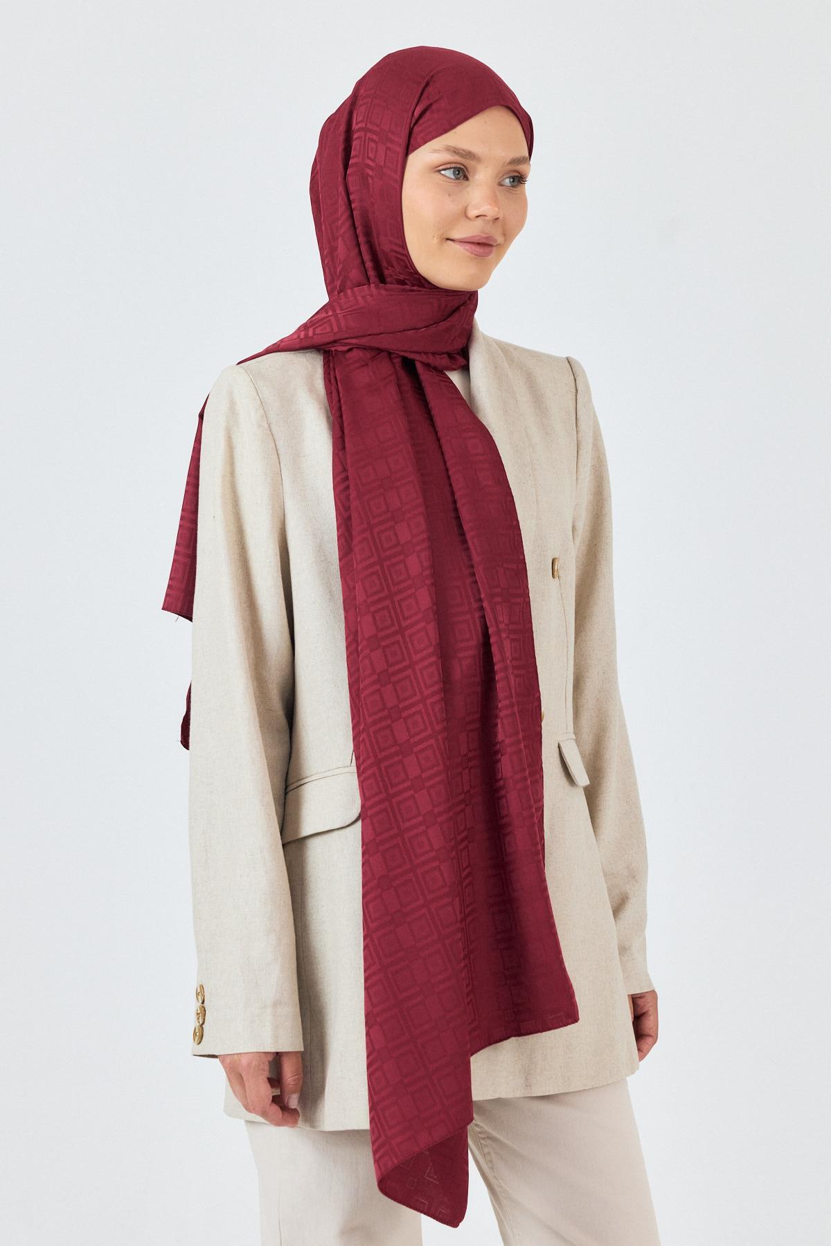 Bordo Kare Desen Jakar Şal 5692 - 1