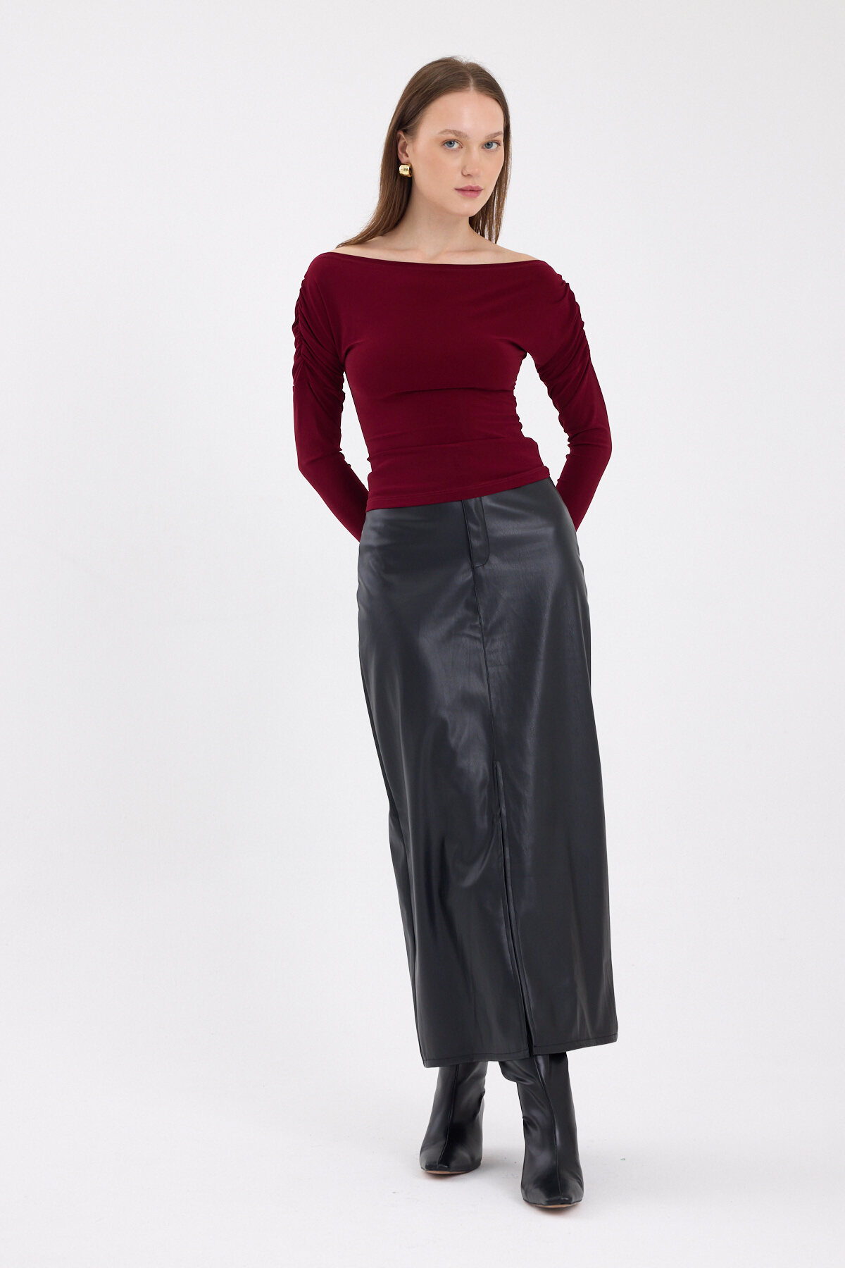 Bordo Kayık Yaka Kol Büzgülü Bluz 2433 - RAYS