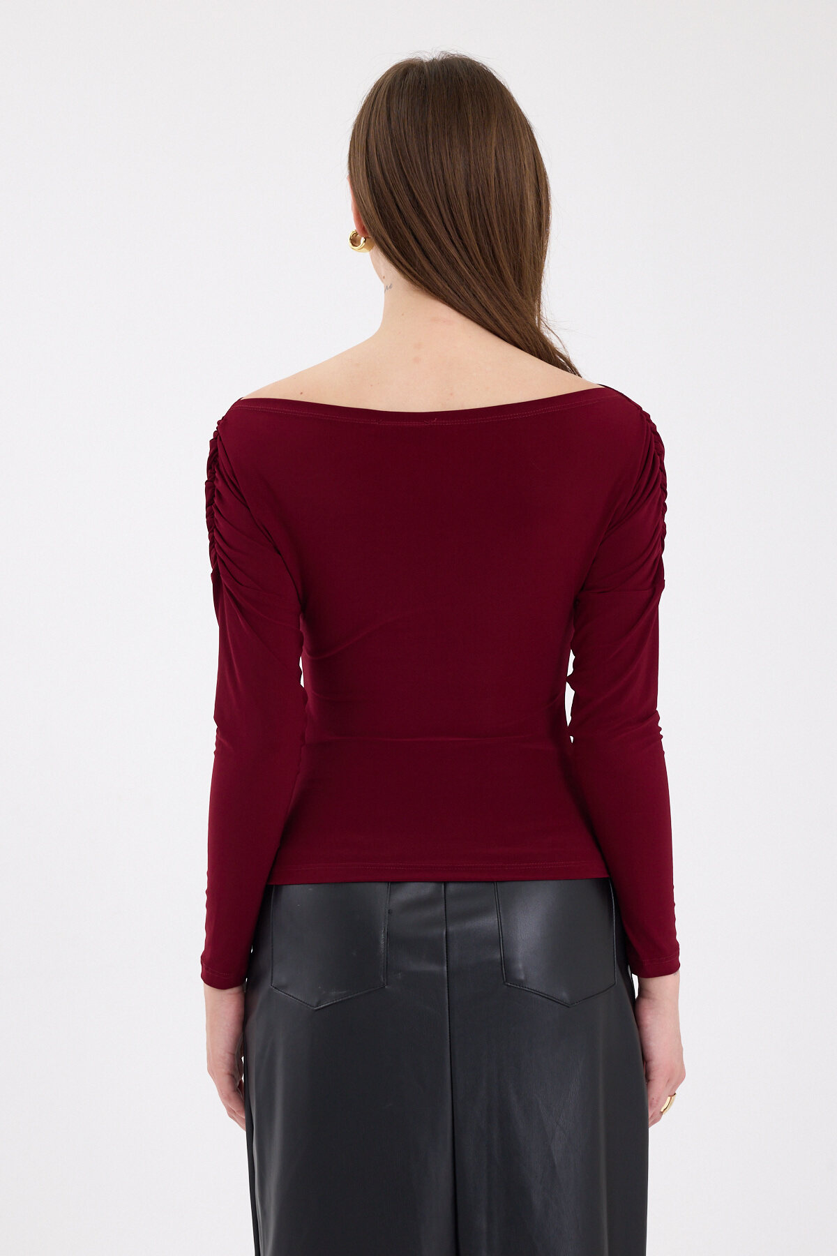 Bordo Kayık Yaka Kol Büzgülü Bluz 2433 - 5