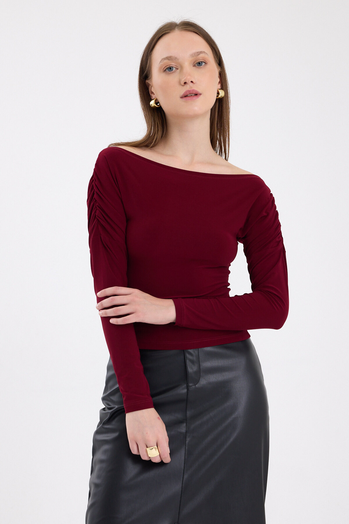 Bordo Kayık Yaka Kol Büzgülü Bluz 2433 