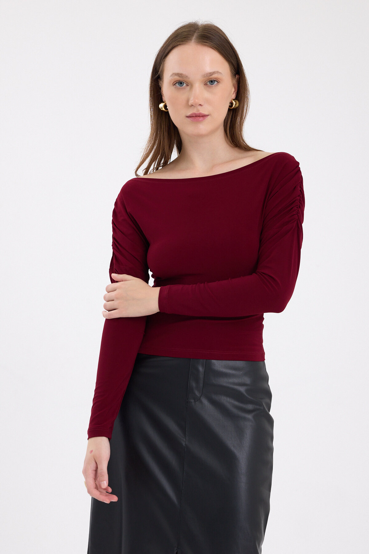 Bordo Kayık Yaka Kol Büzgülü Bluz 2433 - 6