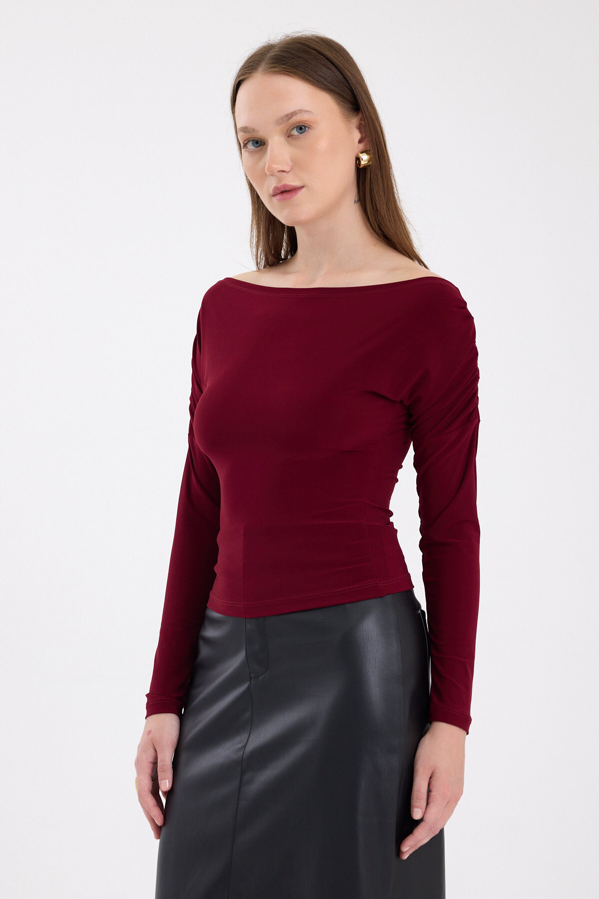Bordo Kayık Yaka Kol Büzgülü Bluz 2433 - RAYS
