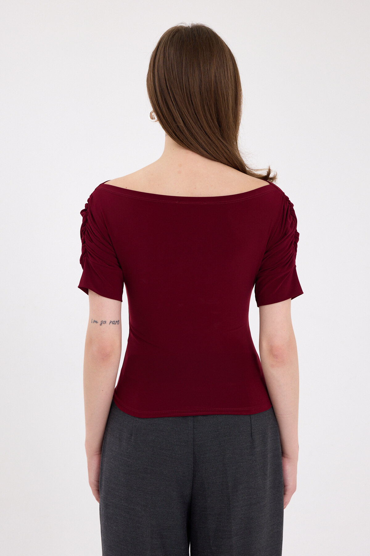 Bordo Kayık Yaka Kol Büzgülü Bluz 2515 - 5