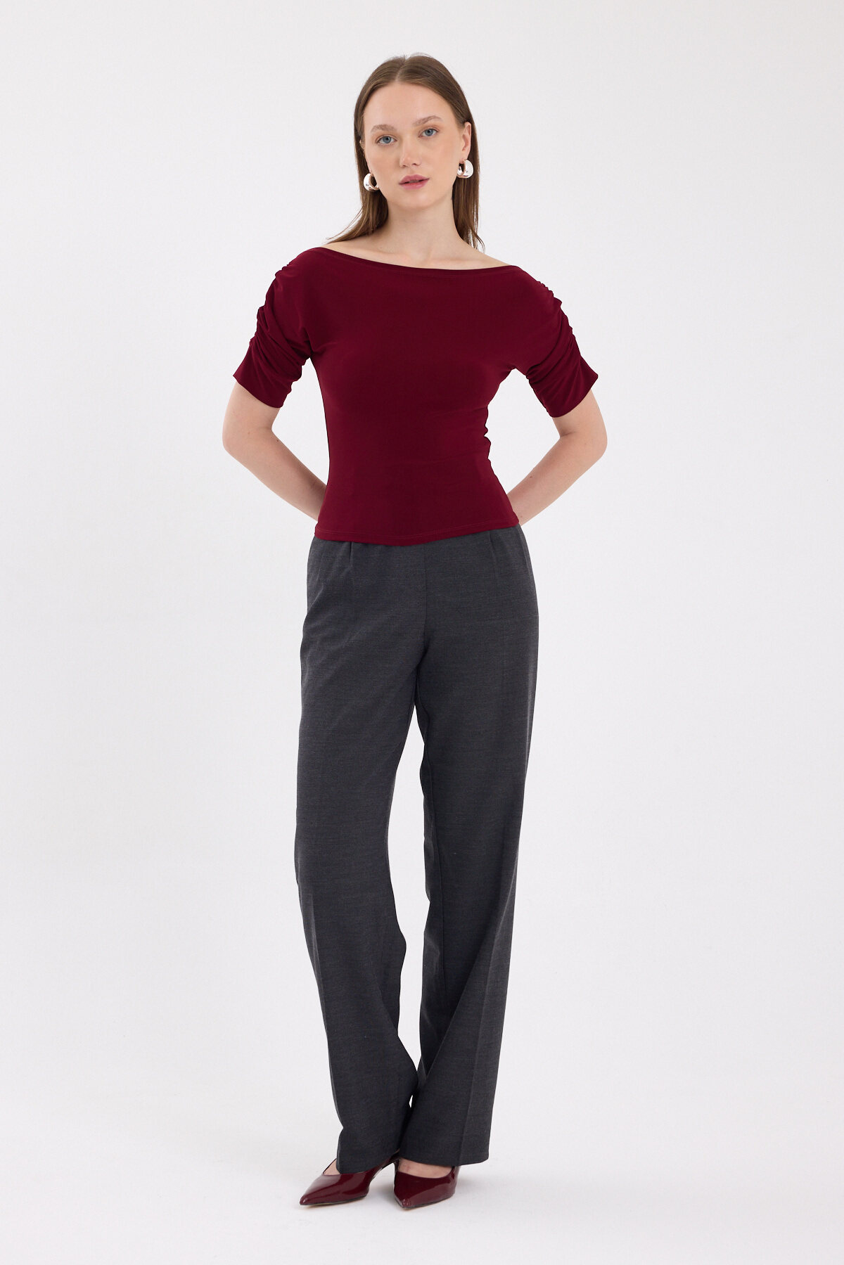 Bordo Kayık Yaka Kol Büzgülü Bluz 2515 - 3