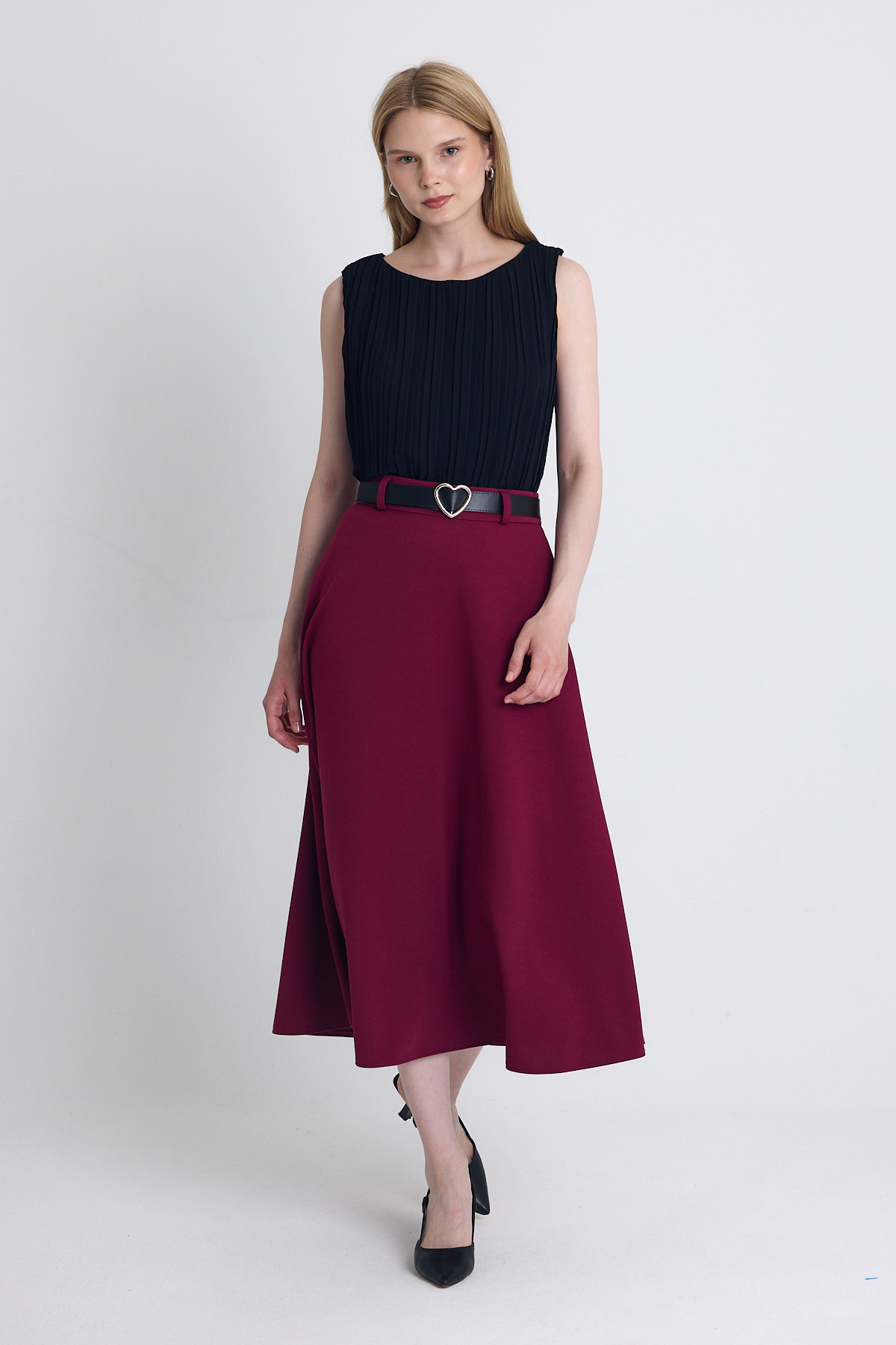 Bordo Kemerli A Kesim Midi Etek 4806A - 2