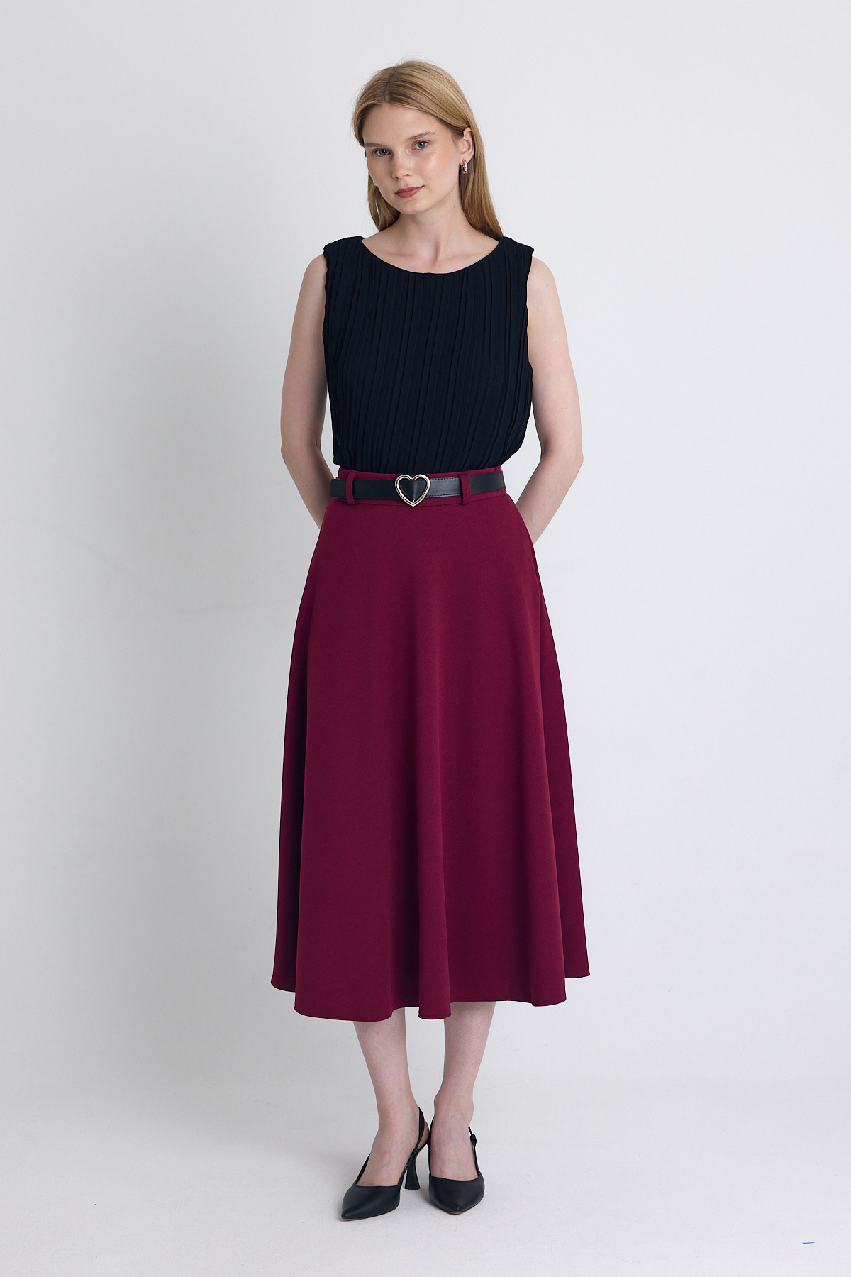 Bordo Kemerli A Kesim Midi Etek 4806A 