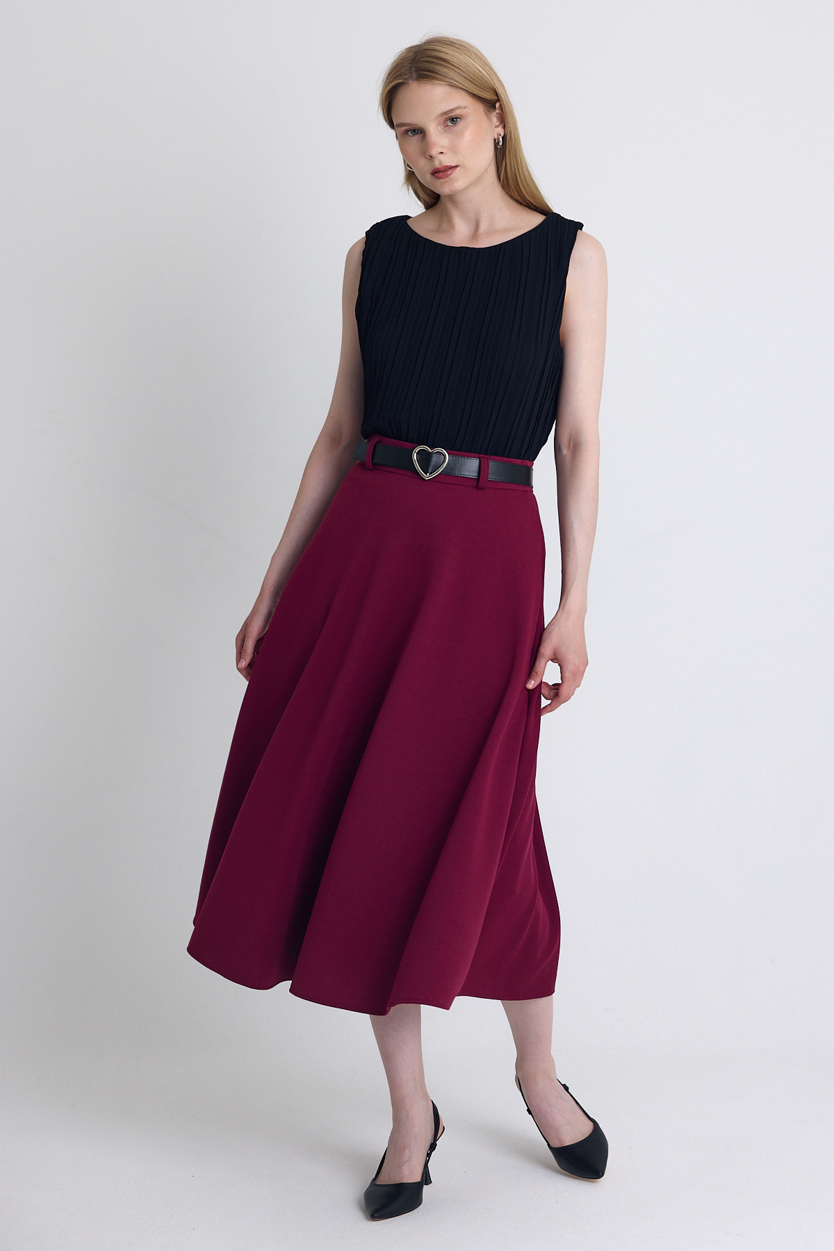 Bordo Kemerli A Kesim Midi Etek 4806A - 3
