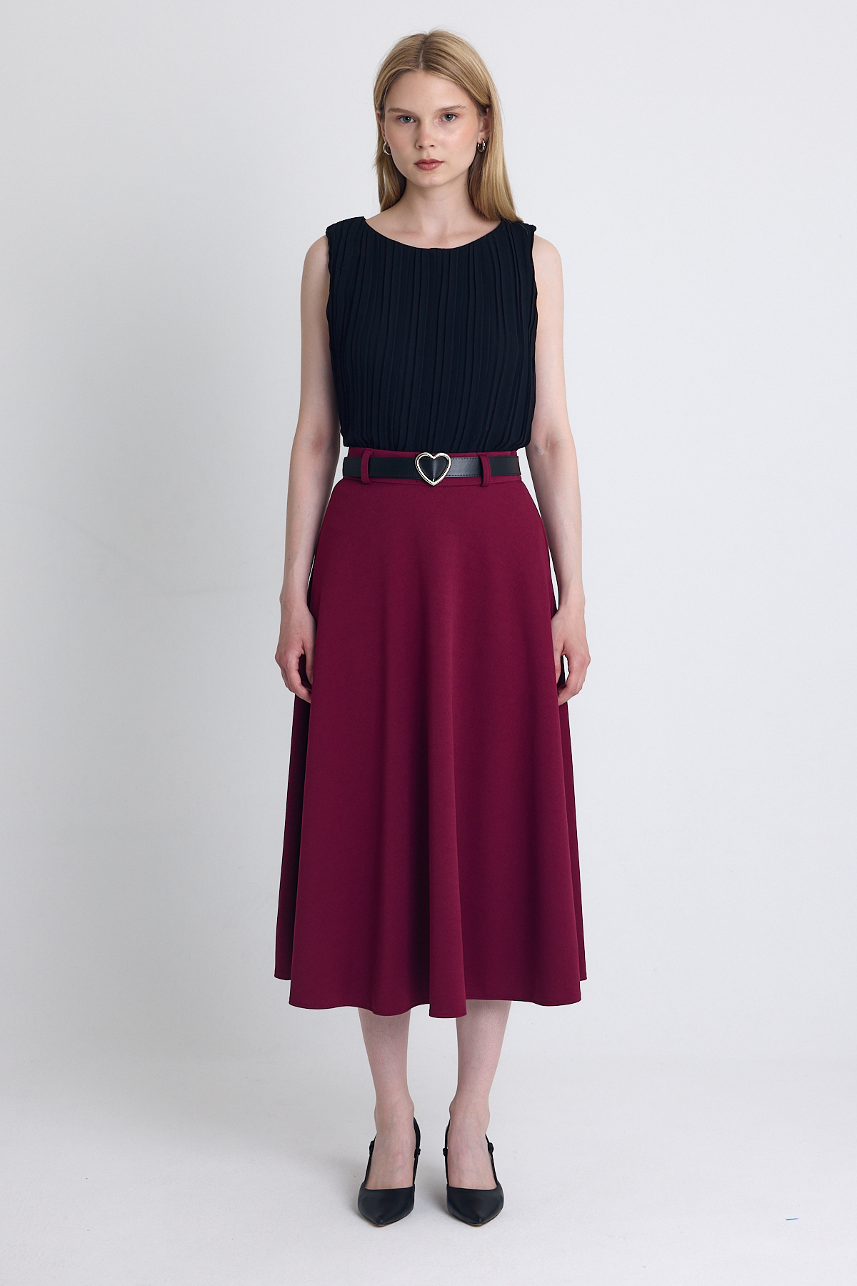 Bordo Kemerli A Kesim Midi Etek 4806A - 6