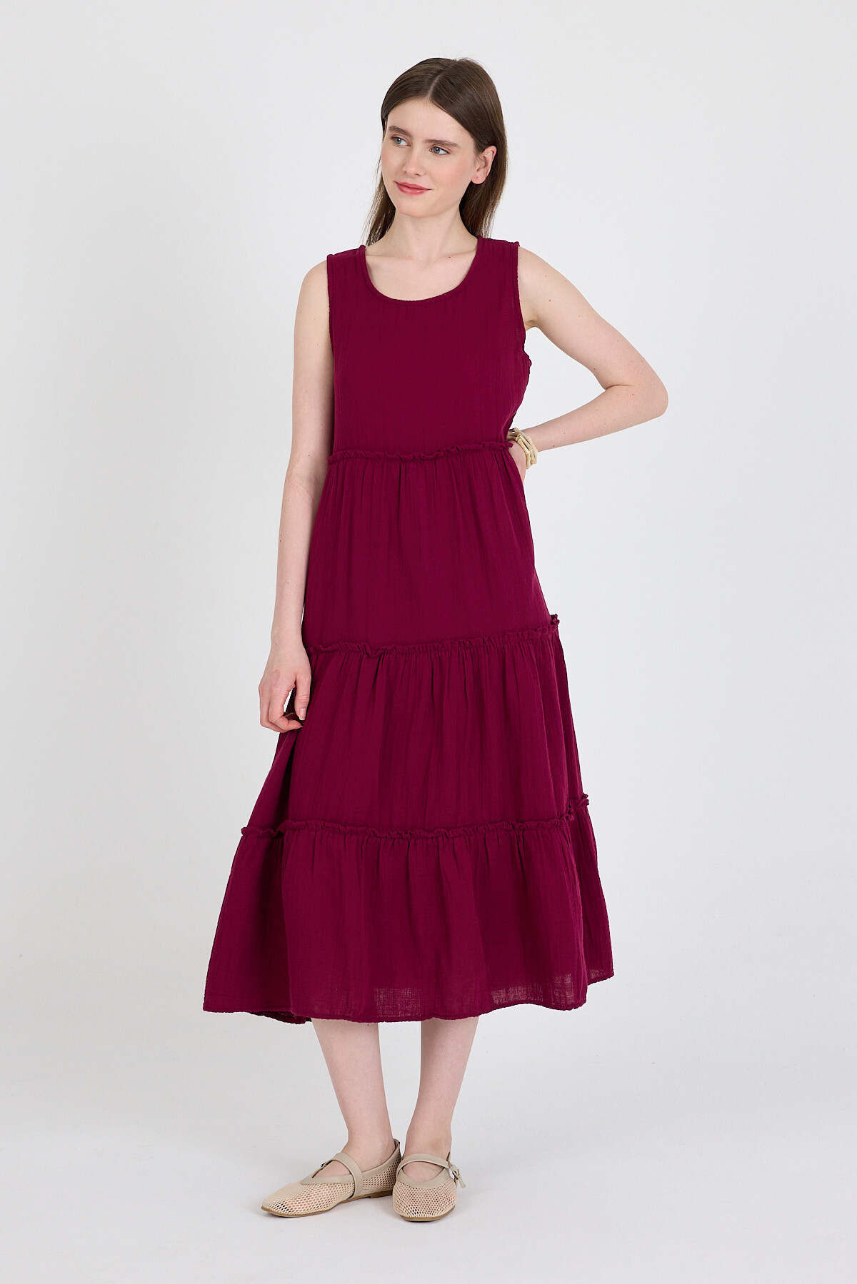 Bordo Keten Görünümlü %100 Pamuk Fırfır Detaylı Kolsuz Midi Elbise 4738A - RAYS