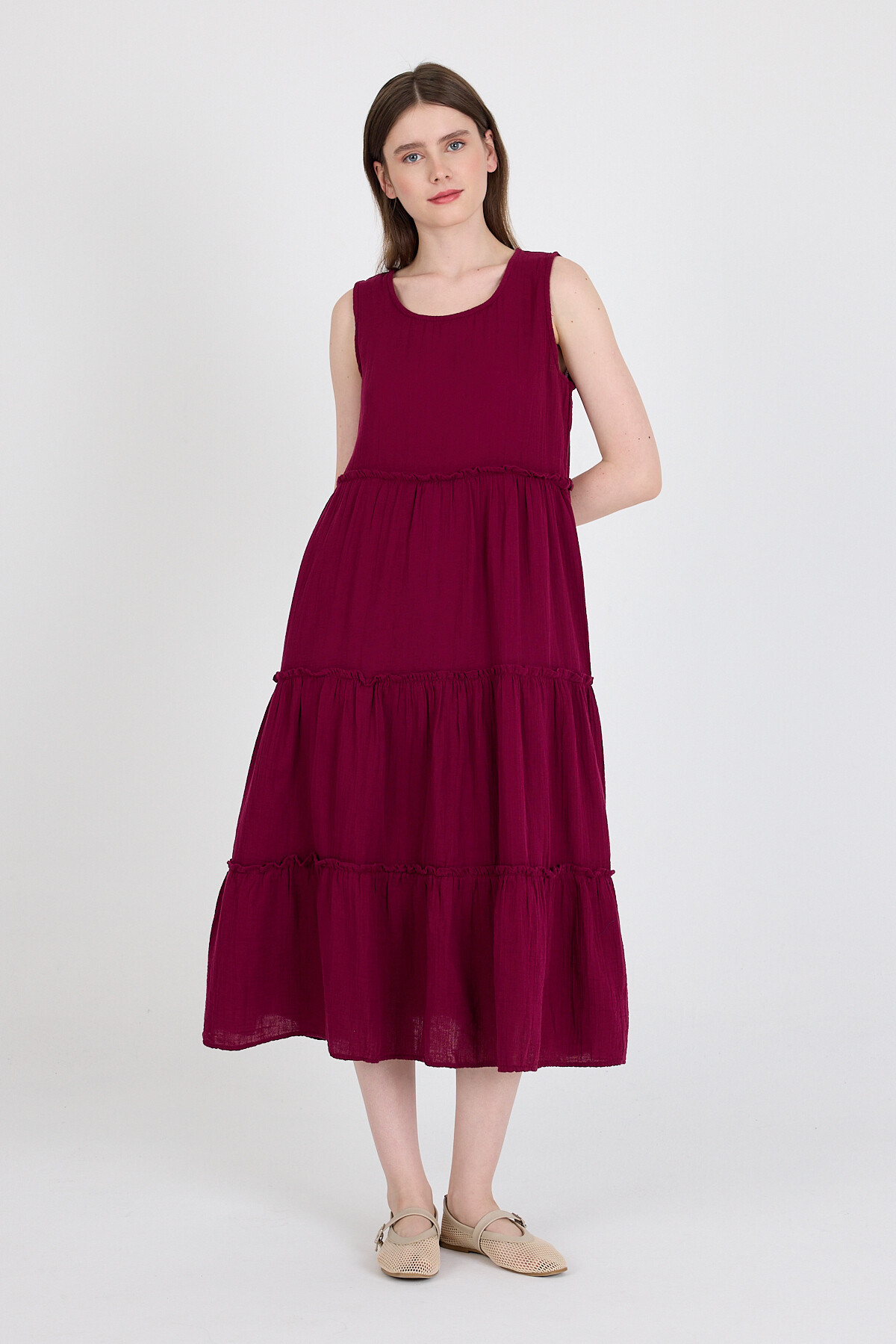 Bordo Keten Görünümlü %100 Pamuk Fırfır Detaylı Kolsuz Midi Elbise 4738A - 2