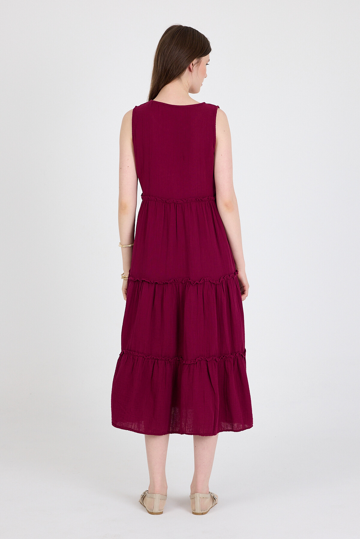 Bordo Keten Görünümlü %100 Pamuk Fırfır Detaylı Kolsuz Midi Elbise 4738A - 5