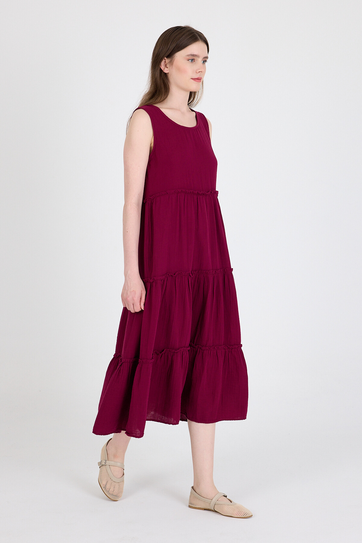 Bordo Keten Görünümlü %100 Pamuk Fırfır Detaylı Kolsuz Midi Elbise 4738A - 6