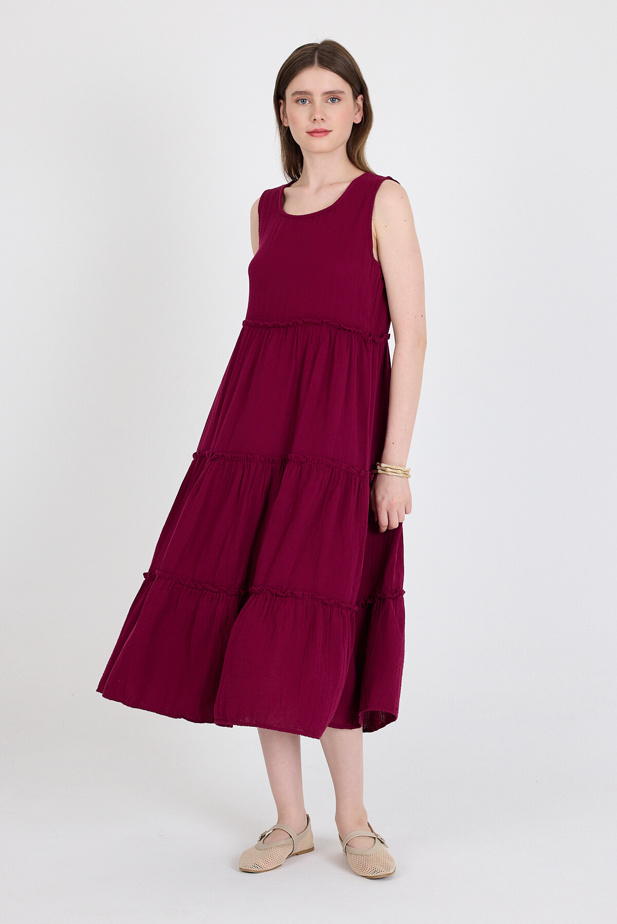 Bordo Keten Görünümlü %100 Pamuk Fırfır Detaylı Kolsuz Midi Elbise 4738A - 7