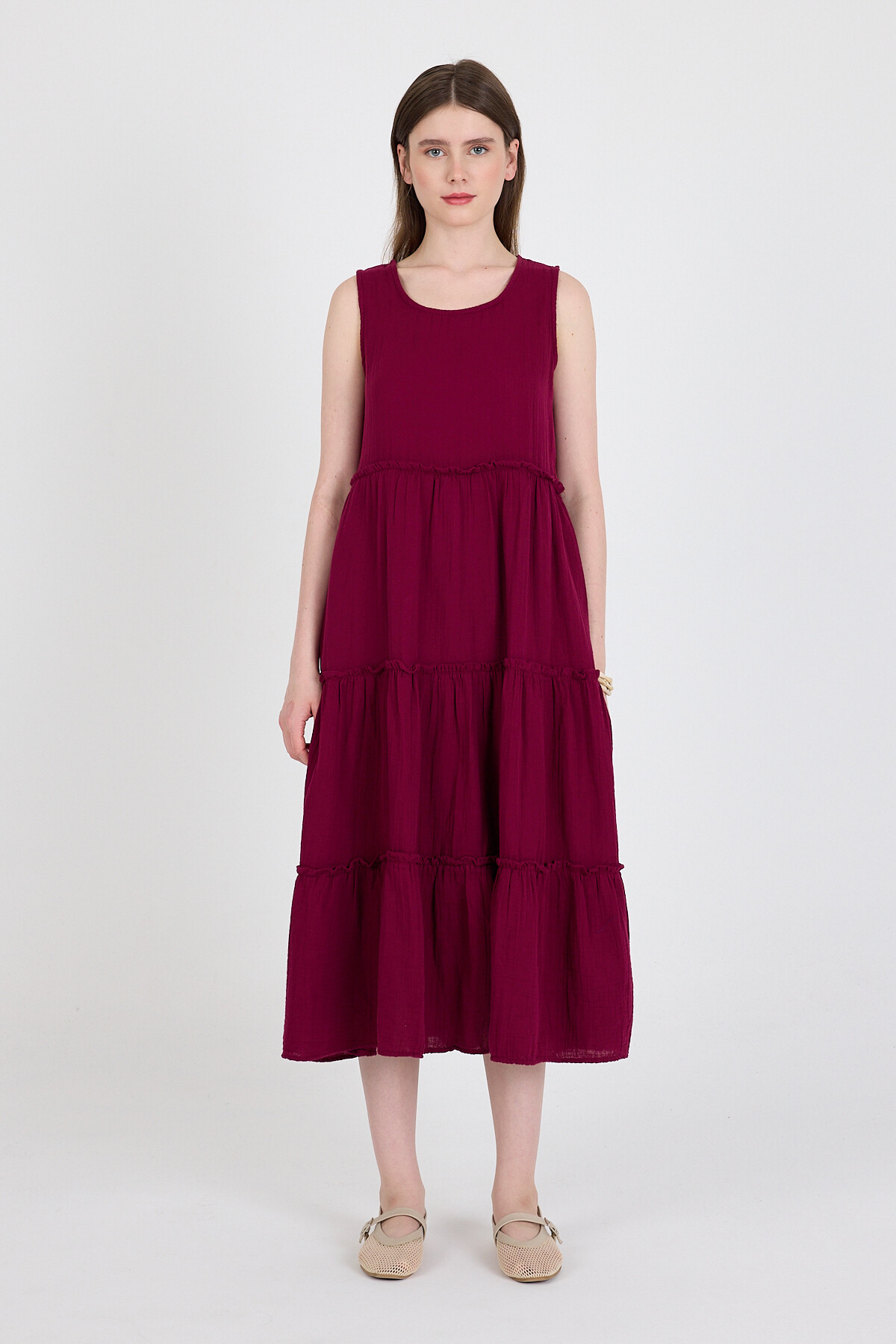 Bordo Keten Görünümlü %100 Pamuk Fırfır Detaylı Kolsuz Midi Elbise 4738A 