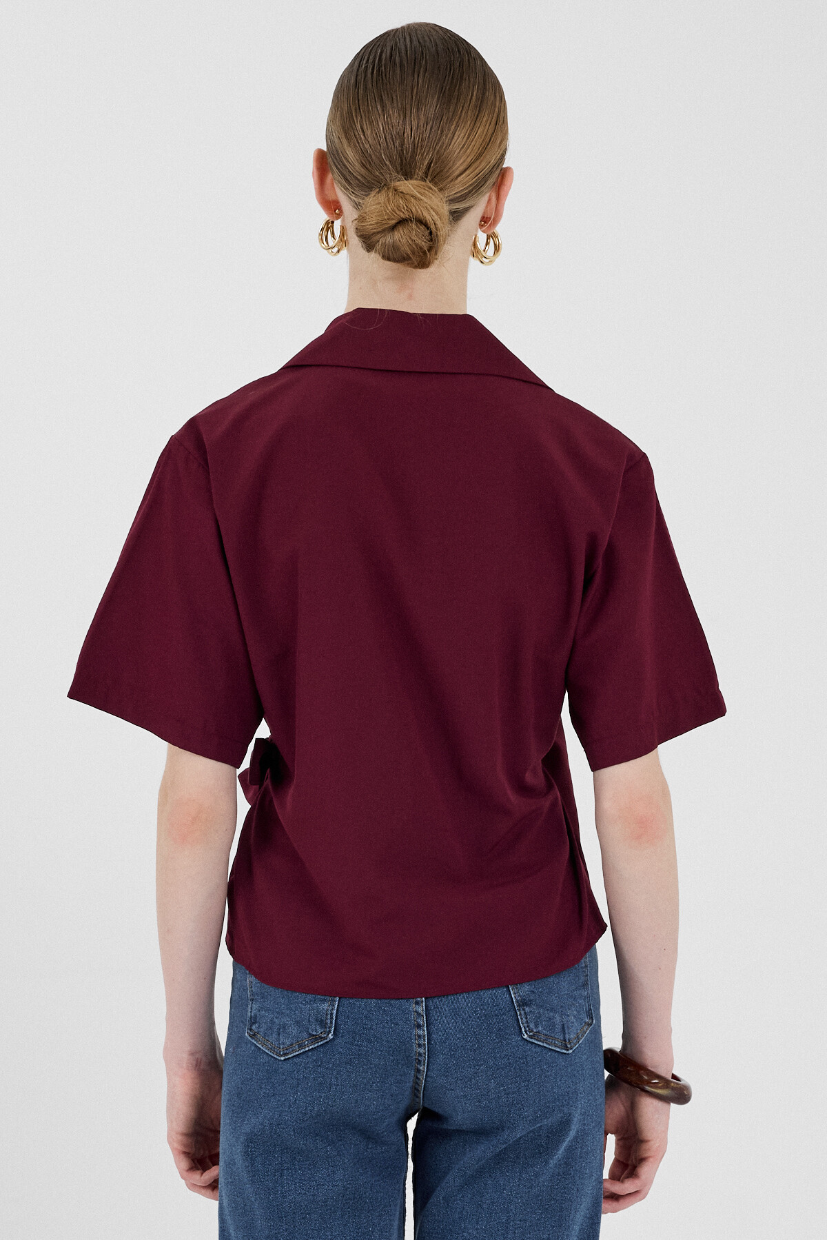 Bordo Kısa Kol Yan Bağlama Detaylı Bluz 8095A - 5