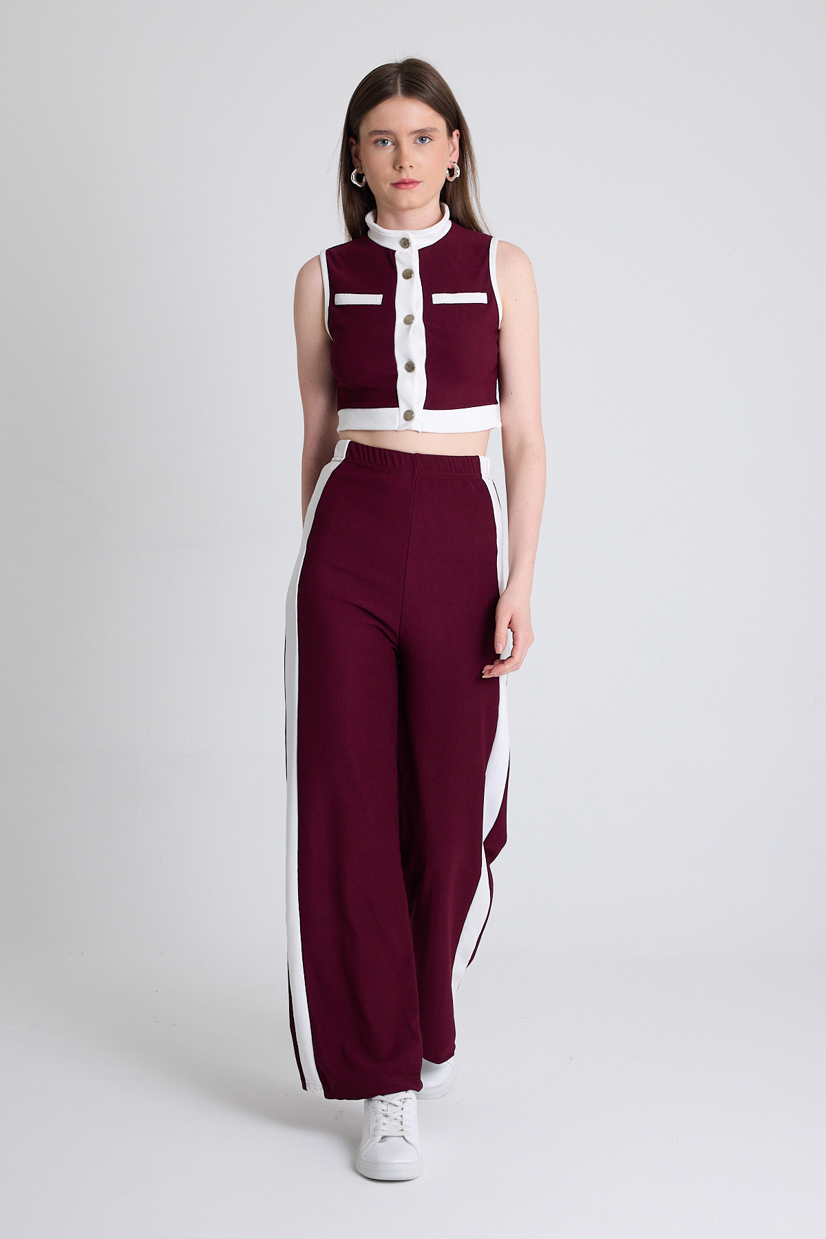 Bordo Kolsuz Crop Bluz ve Şeritli Palazzo Pantolon Takım 2214 - 2