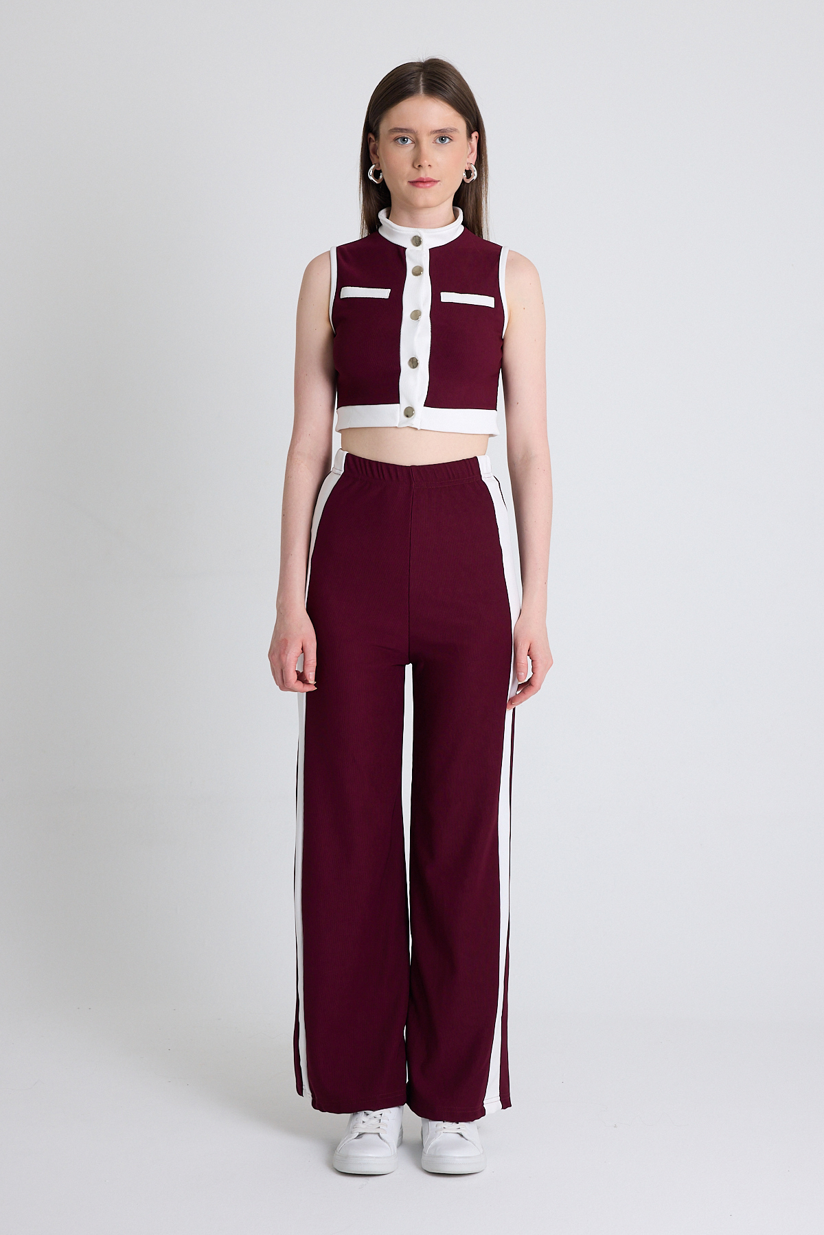 Bordo Kolsuz Crop Bluz ve Şeritli Palazzo Pantolon Takım 2214 - 3