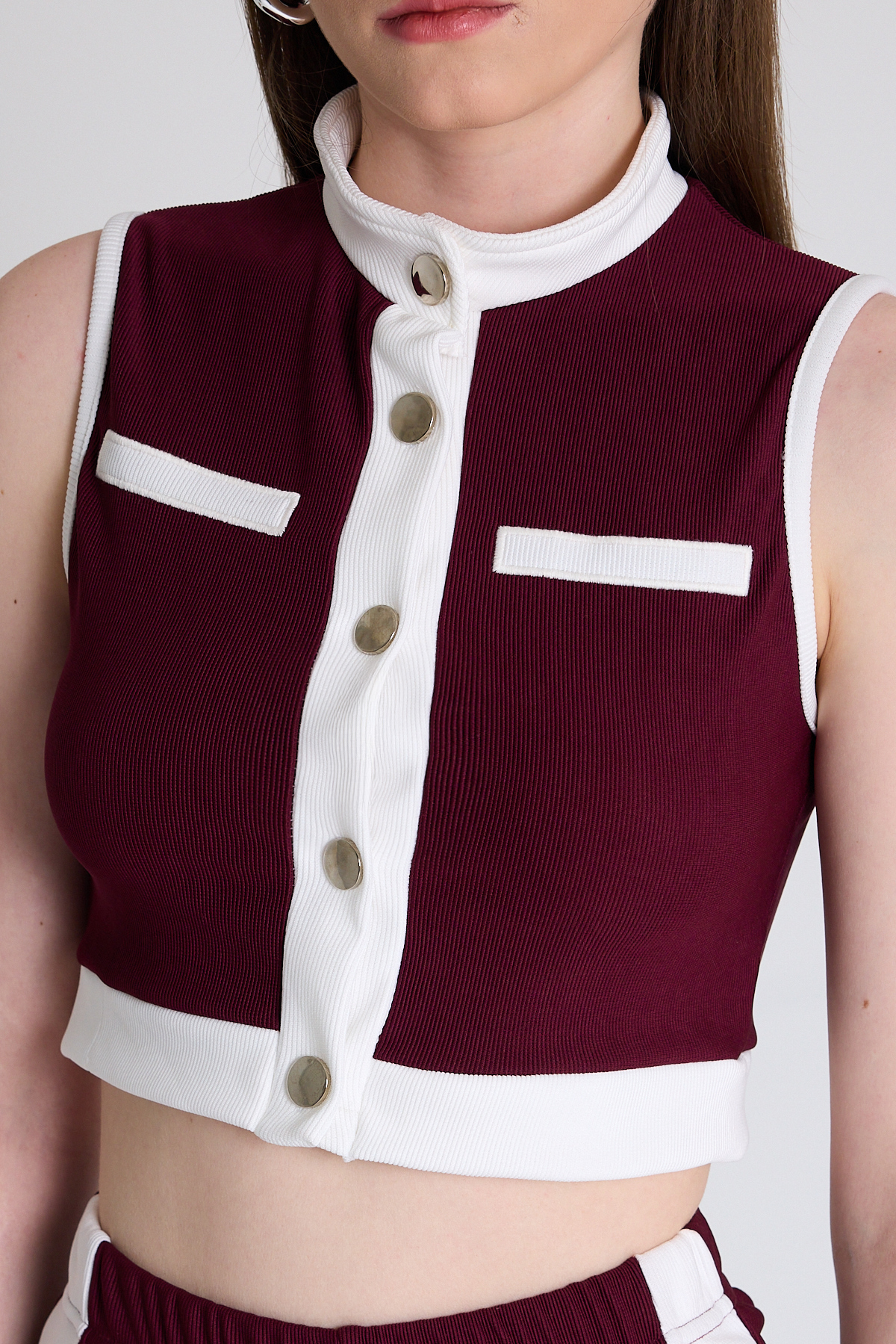 Bordo Kolsuz Crop Bluz ve Şeritli Palazzo Pantolon Takım 2214 - 4