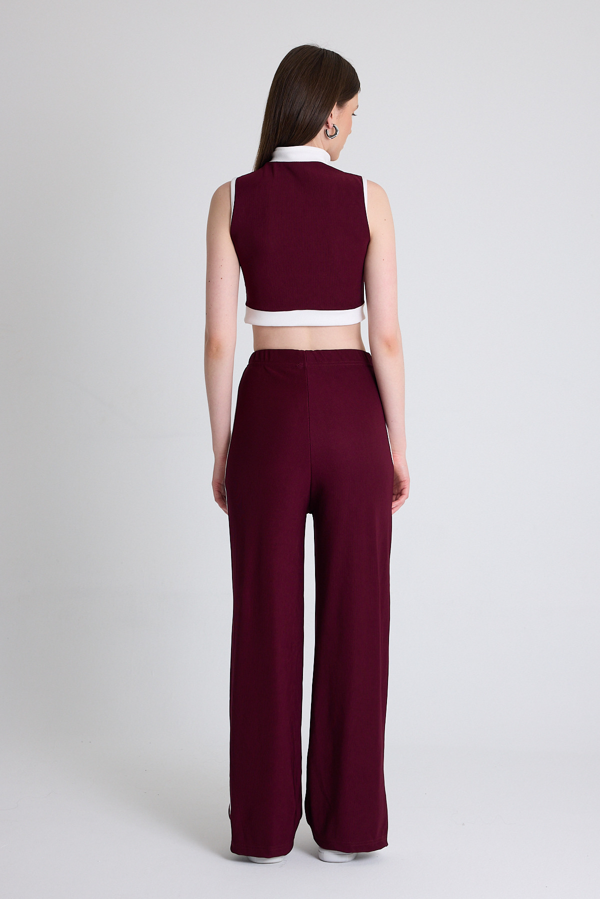 Bordo Kolsuz Crop Bluz ve Şeritli Palazzo Pantolon Takım 2214 - 5