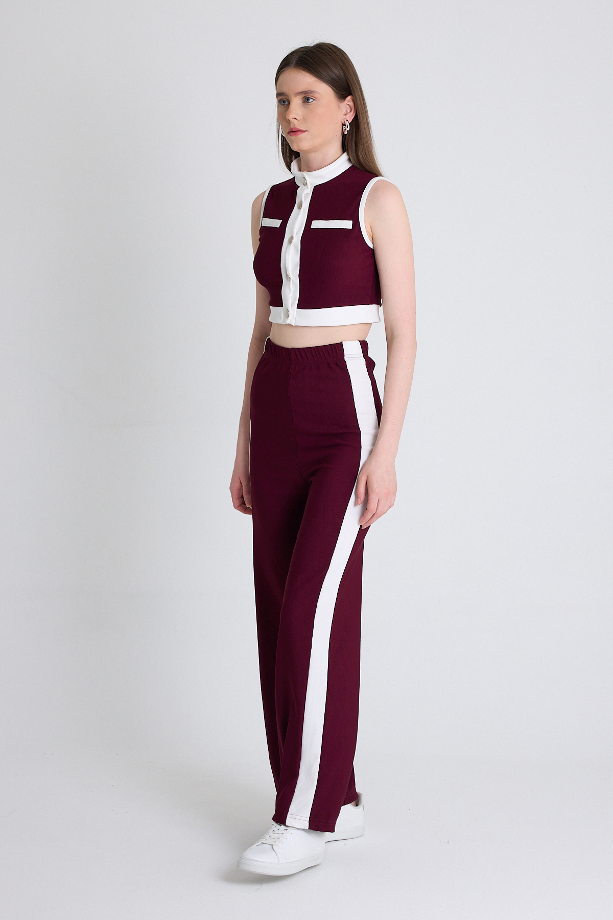 Bordo Kolsuz Crop Bluz ve Şeritli Palazzo Pantolon Takım 2214 - 6
