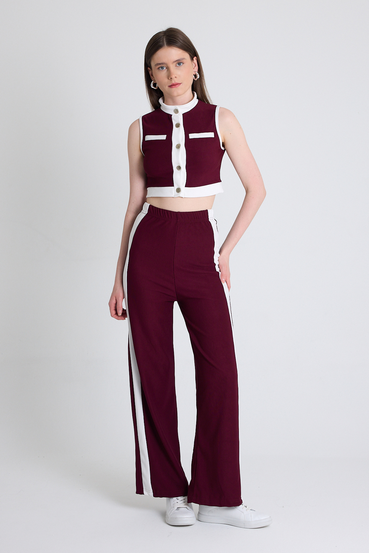 Bordo Kolsuz Crop Bluz ve Şeritli Palazzo Pantolon Takım 2215 