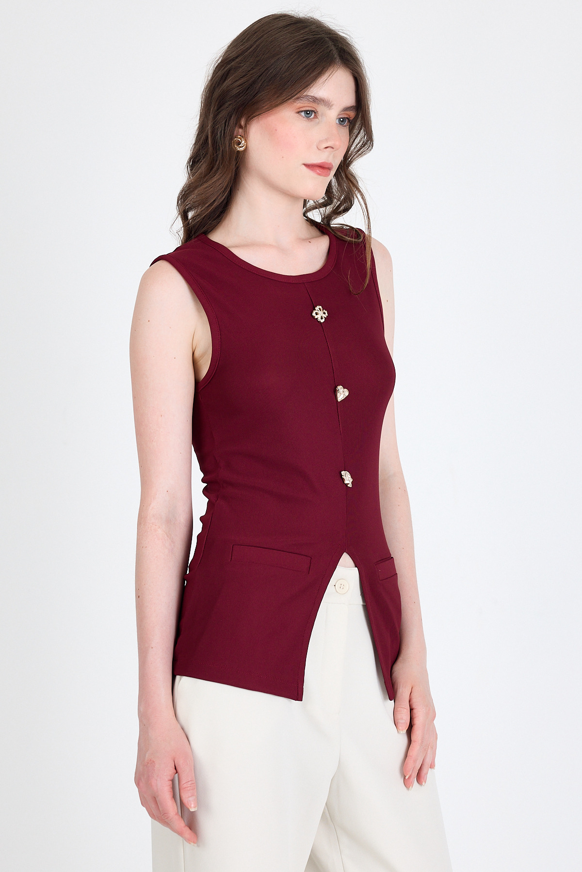 Bordo Kolsuz Düğme Detaylı Cep Detaylı Bluz 017 - RAYS