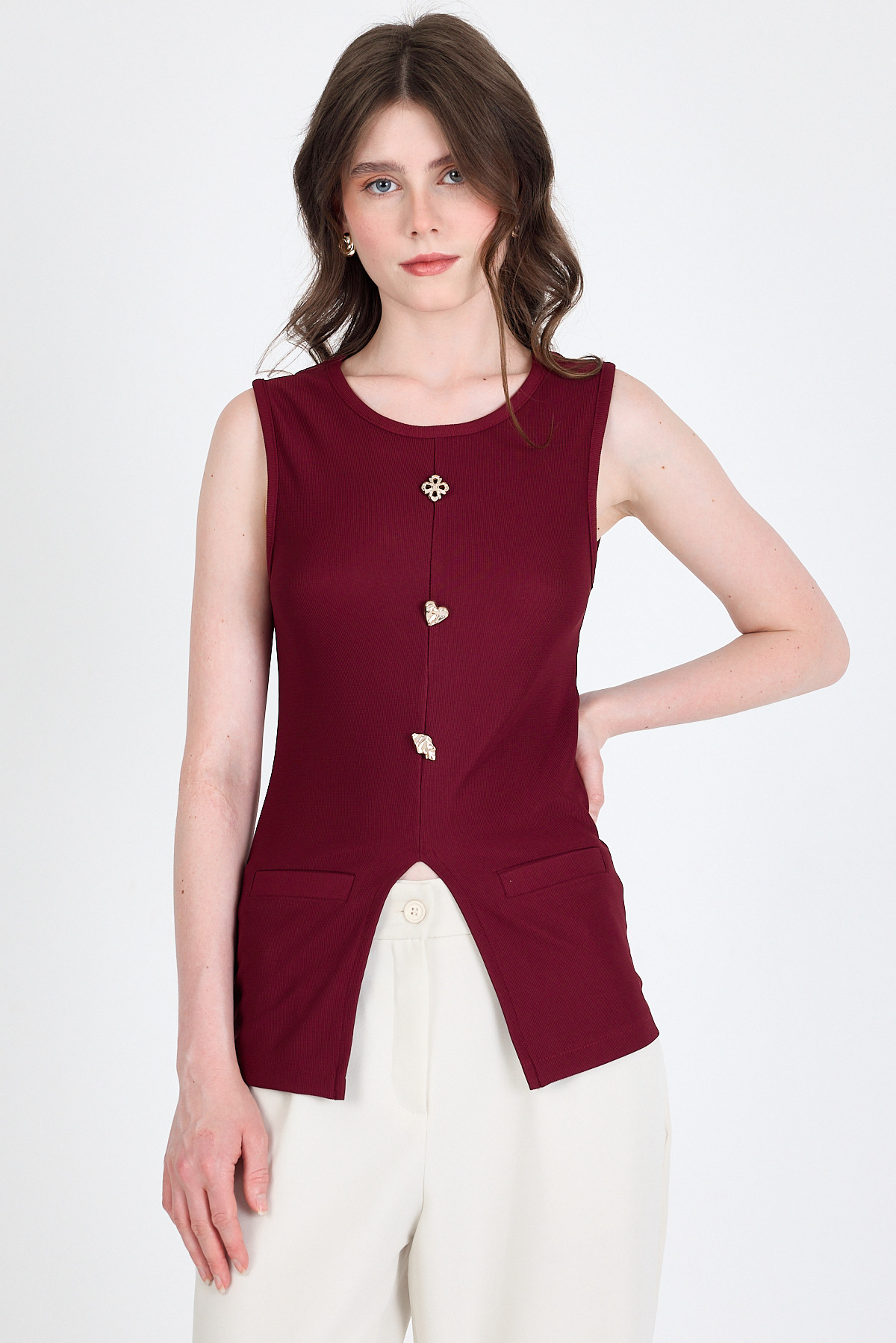 Bordo Kolsuz Düğme Detaylı Cep Detaylı Bluz 017 