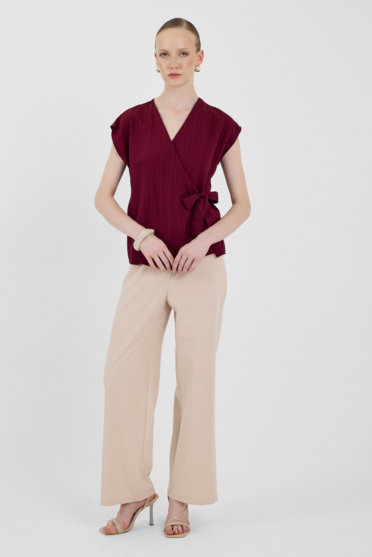 Bordo Kruvaze Yaka Bağlama Detaylı Bluz 8025A - 3